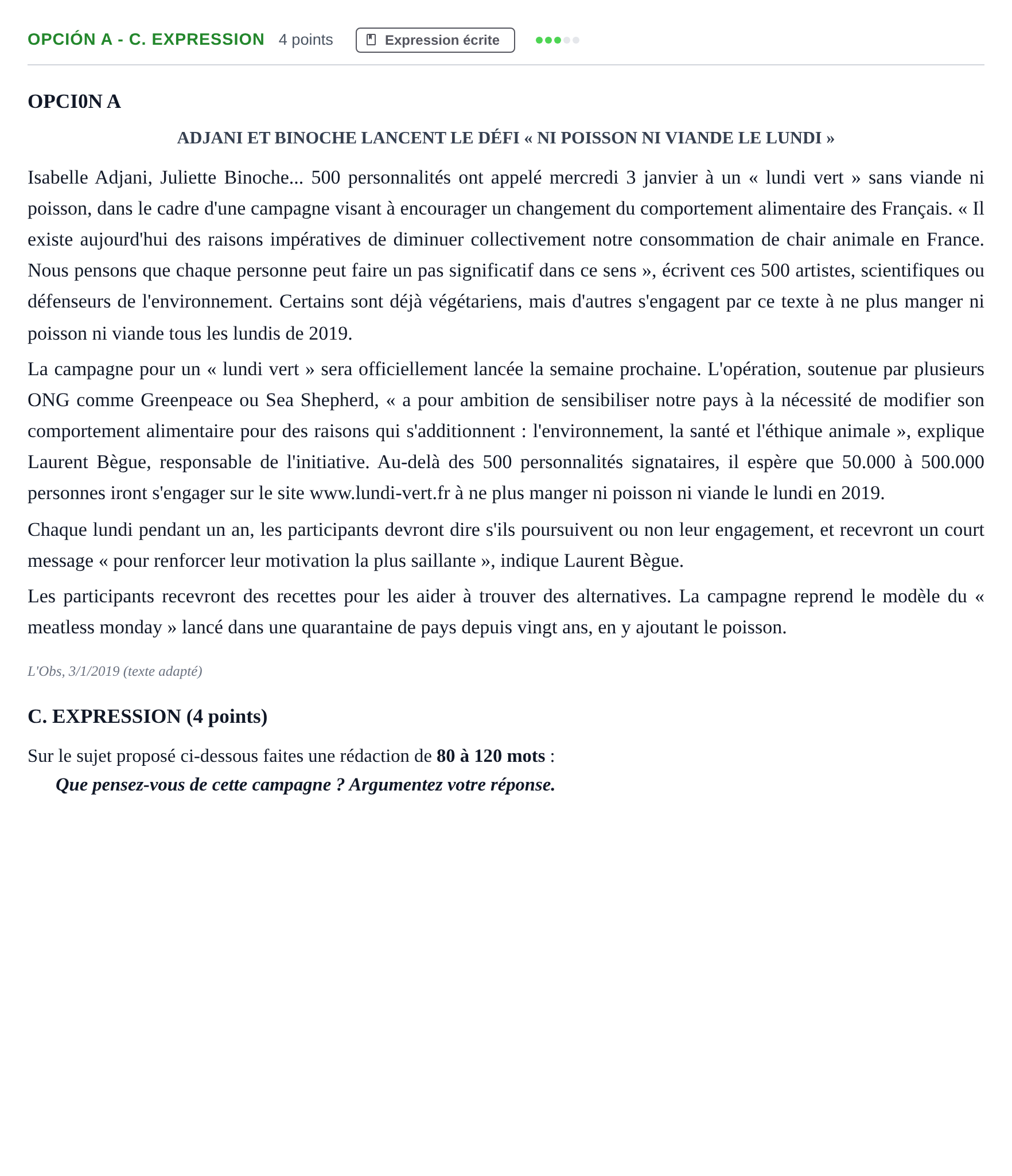 Enunciado: Opción A - C. Expression · Francés PAU Andalucía Extraordinaria Suplente 2019