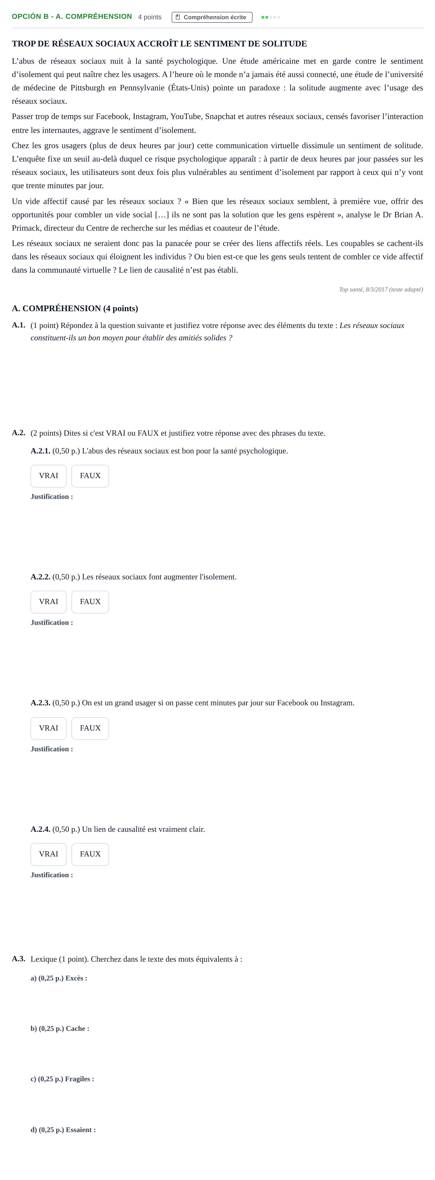 Enunciado: Opción B - A. Compréhension · Francés PAU Andalucía Extraordinaria Suplente 2019