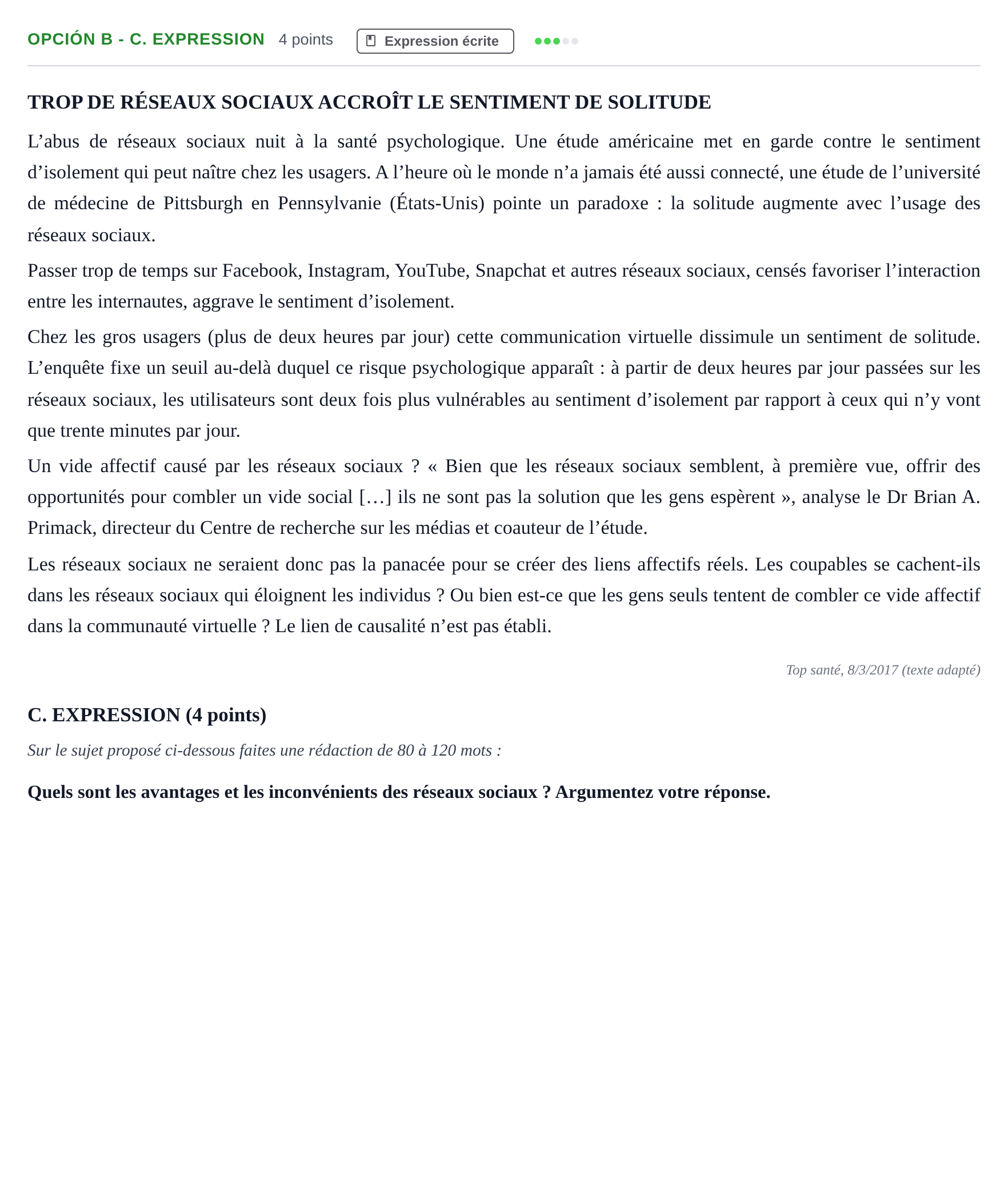 Enunciado: Opción B - C. Expression · Francés PAU Andalucía Extraordinaria Suplente 2019