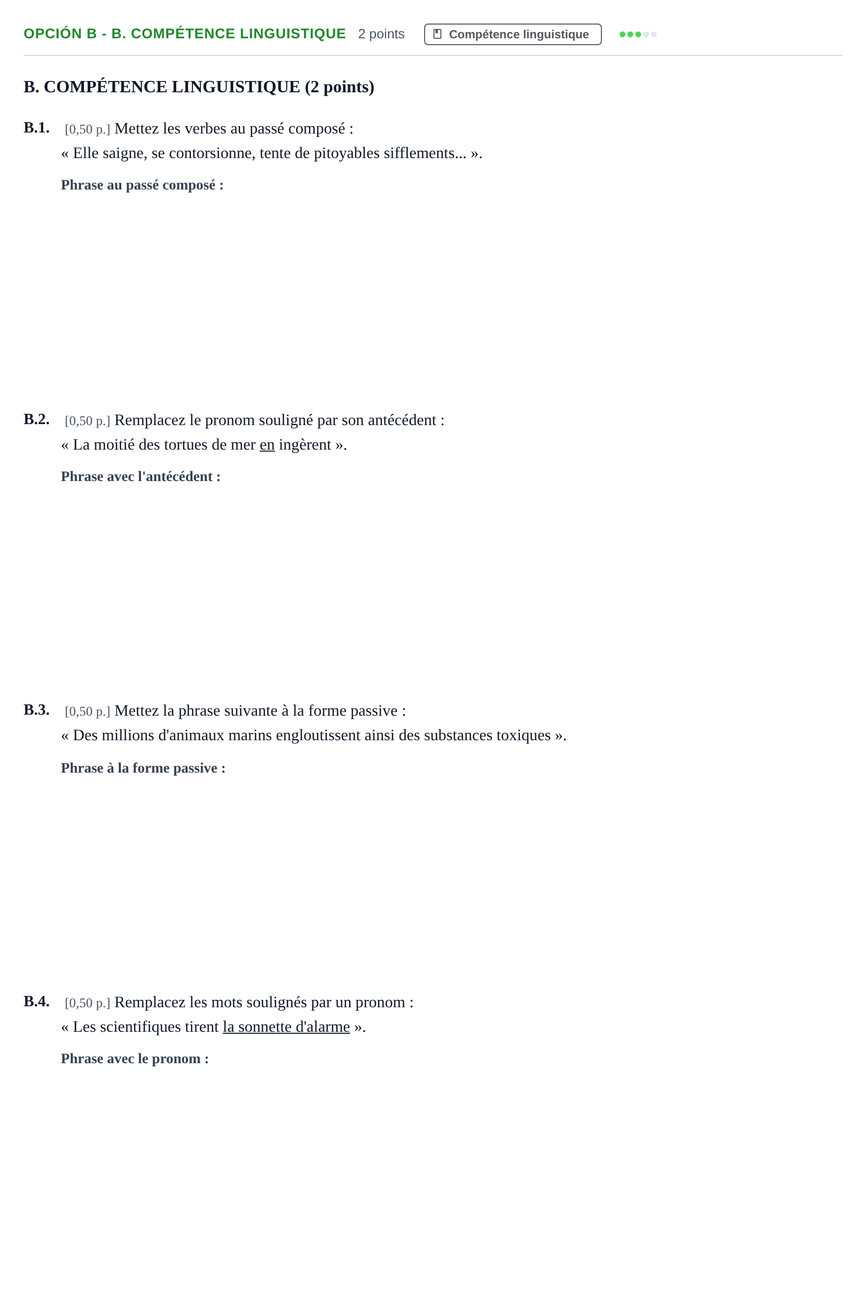 Enunciado: Opción B - B. Compétence linguistique · Francés PAU Andalucía Ordinaria Titular (Acceso) 2019