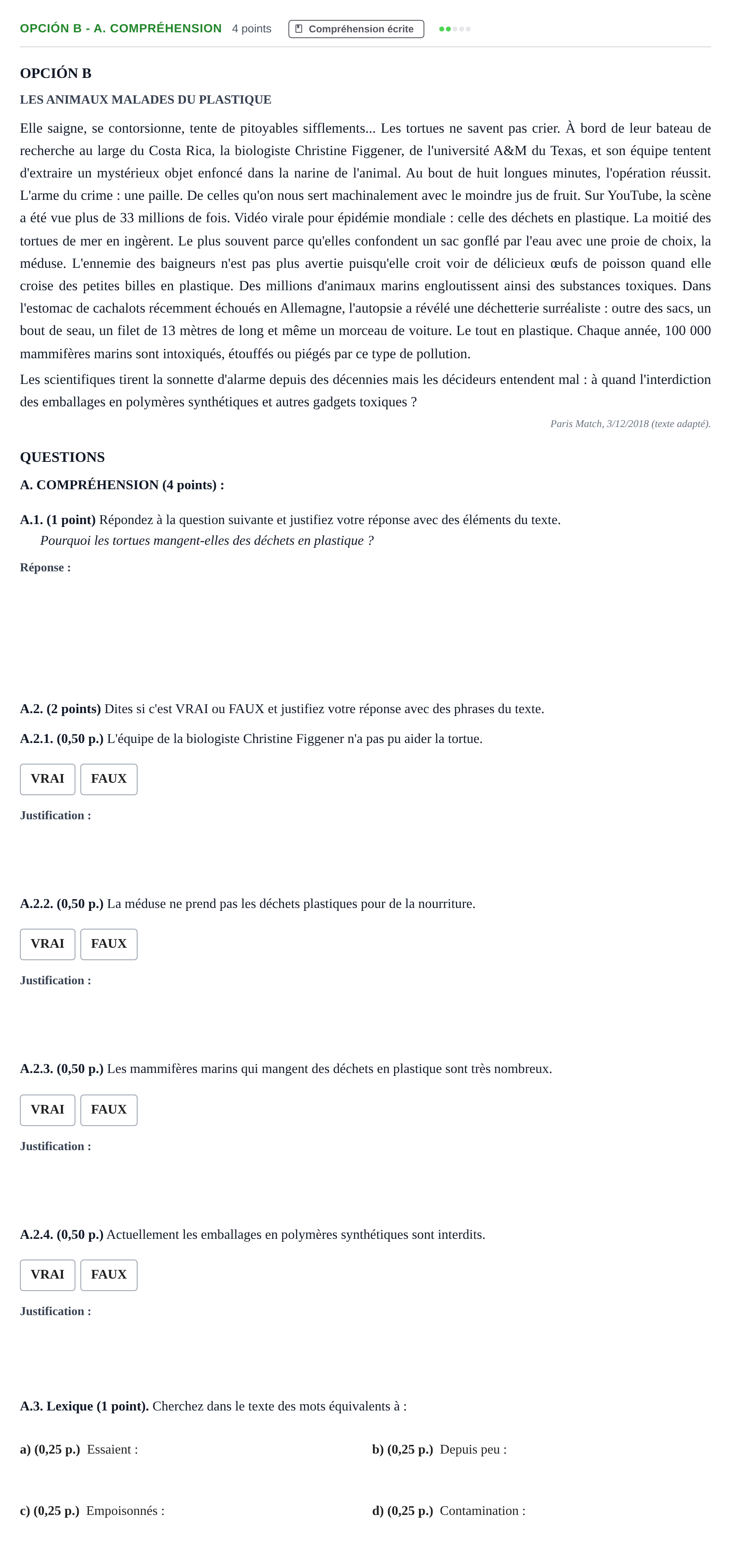 Enunciado: Opción B - A. Compréhension · Francés PAU Andalucía Ordinaria Titular (Acceso) 2019