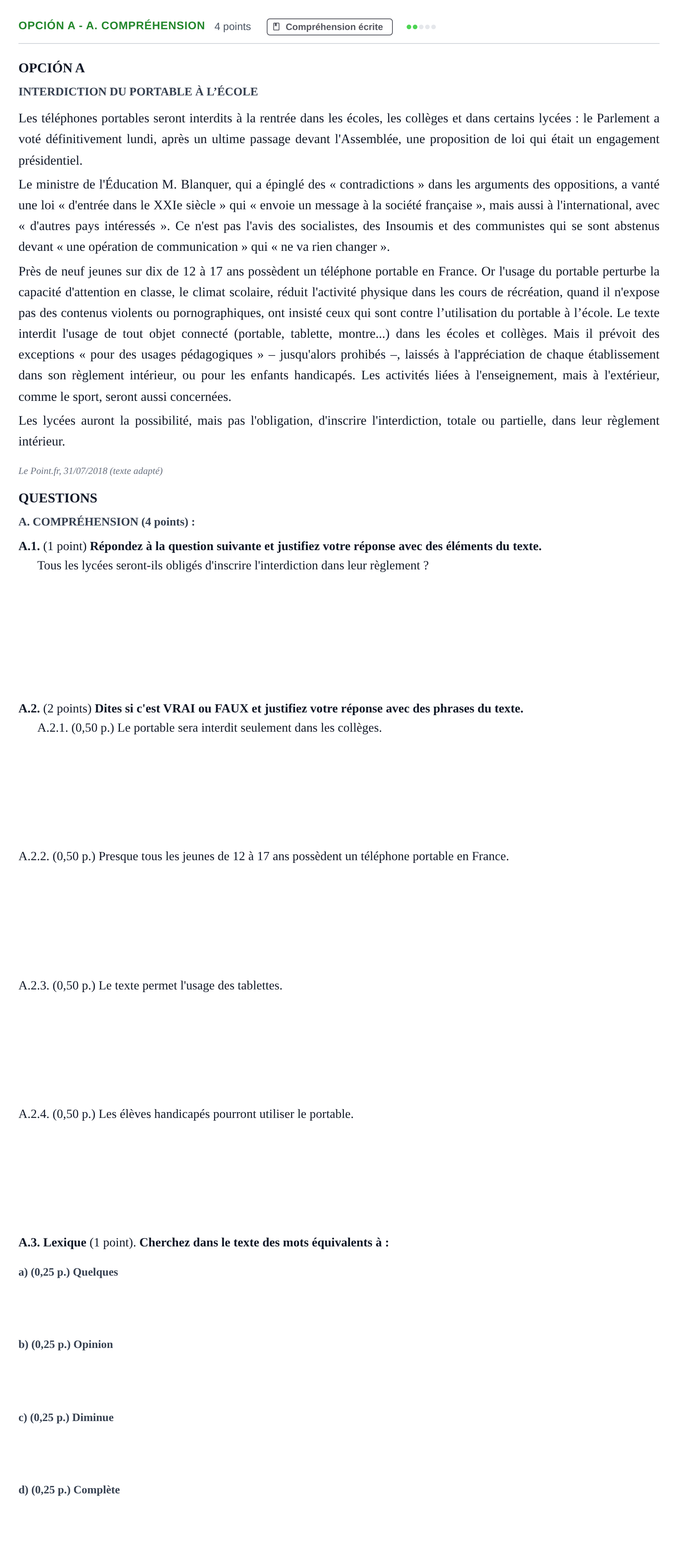Enunciado: Opción A - A. Compréhension · Francés PAU Andalucía Ordinaria Titular (Admisión) 1 2019