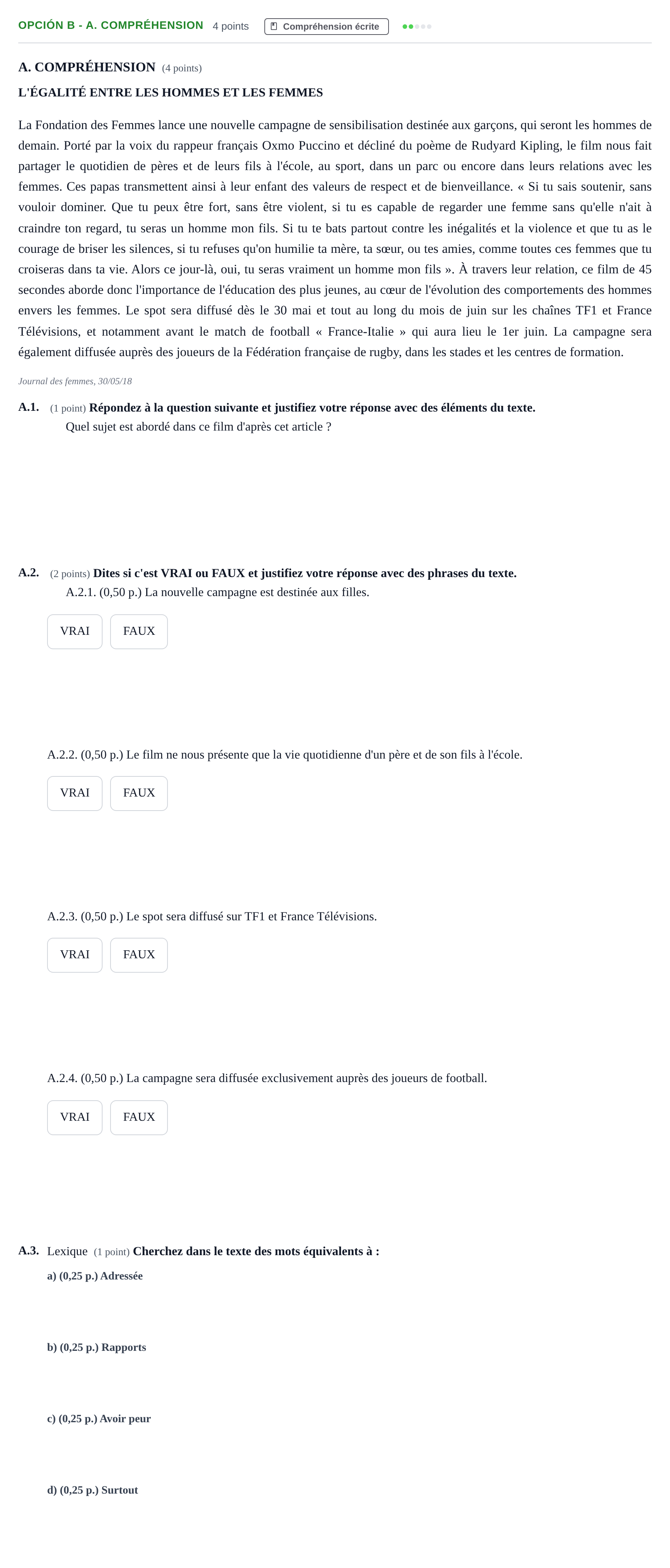 Enunciado: Opción B - A. Compréhension · Francés PAU Andalucía Ordinaria Titular (Admisión) 1 2019
