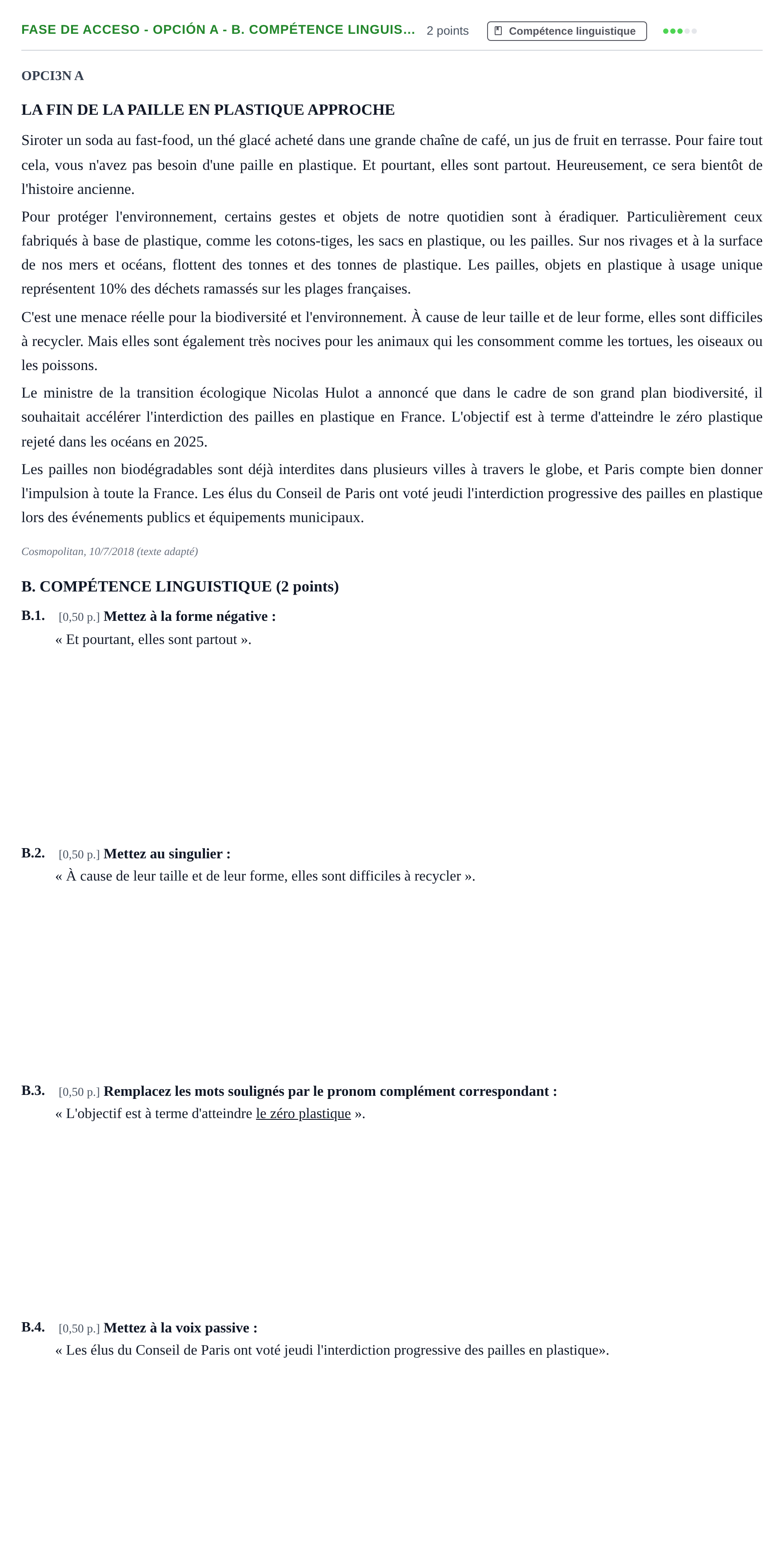 Enunciado: Ejercicio Fase de Acceso - Opción A - B. Compétence linguis… · Francés PAU Andalucía Extraordinaria Titular 2019