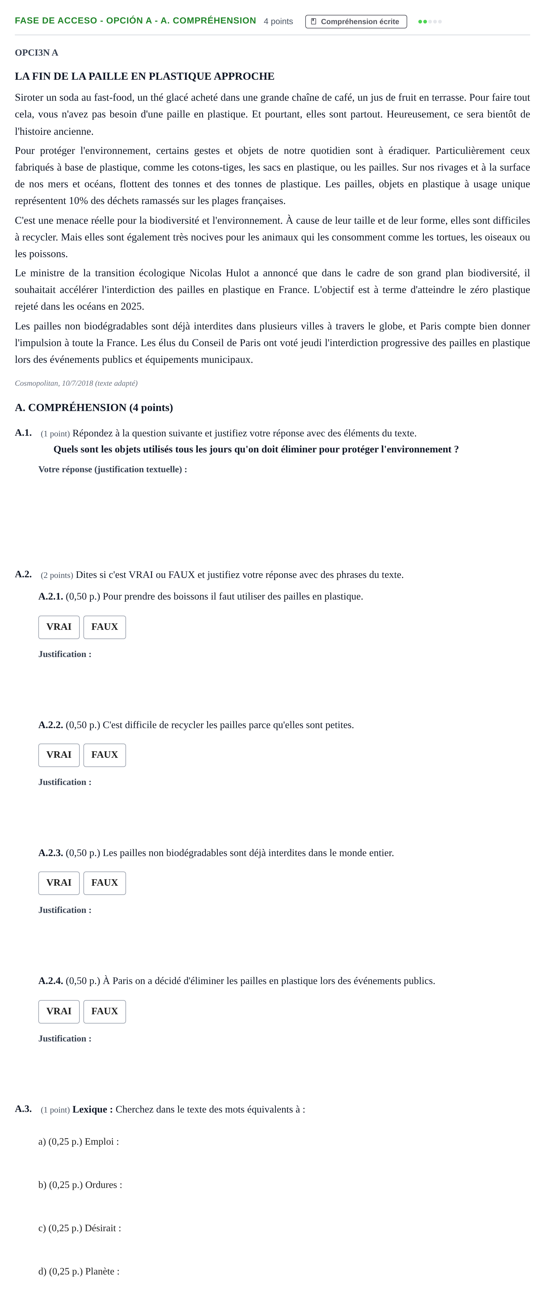 Enunciado: Ejercicio Fase de Acceso - Opción A - A. Compréhension · Francés PAU Andalucía Extraordinaria Titular 2019