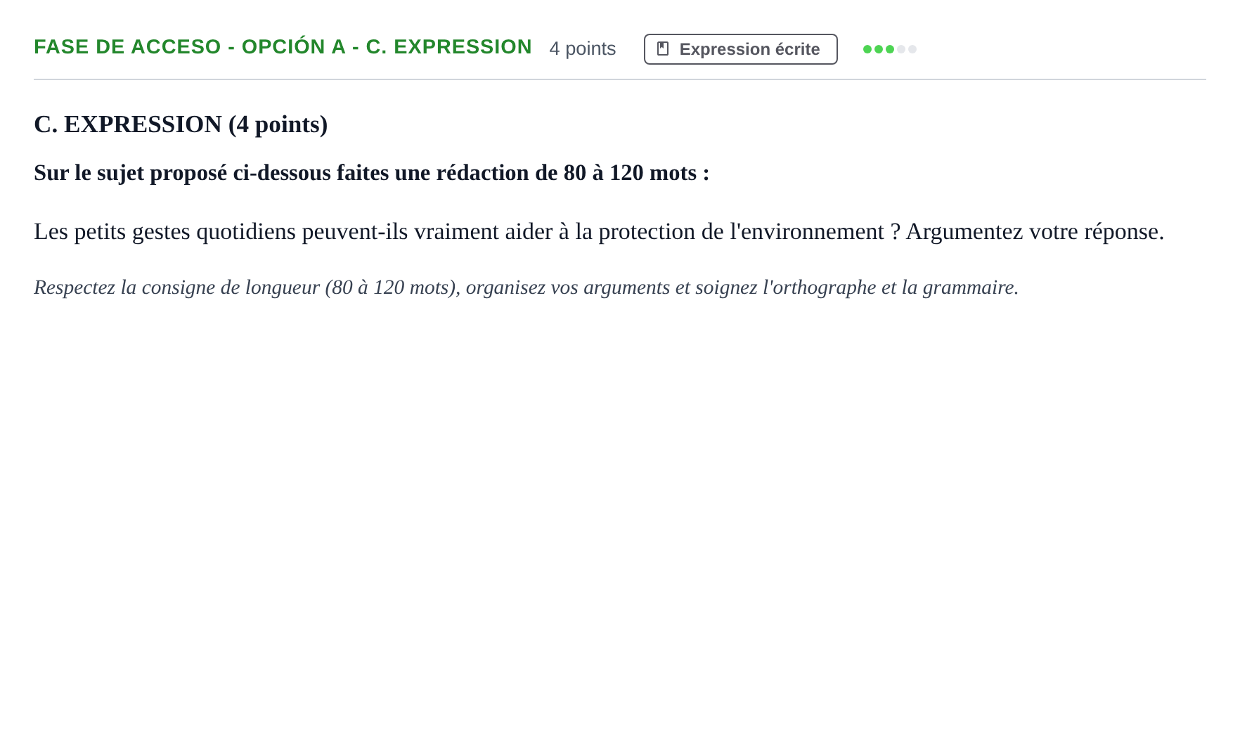 Enunciado: Ejercicio Fase de Acceso - Opción A - C. Expression · Francés PAU Andalucía Extraordinaria Titular 2019