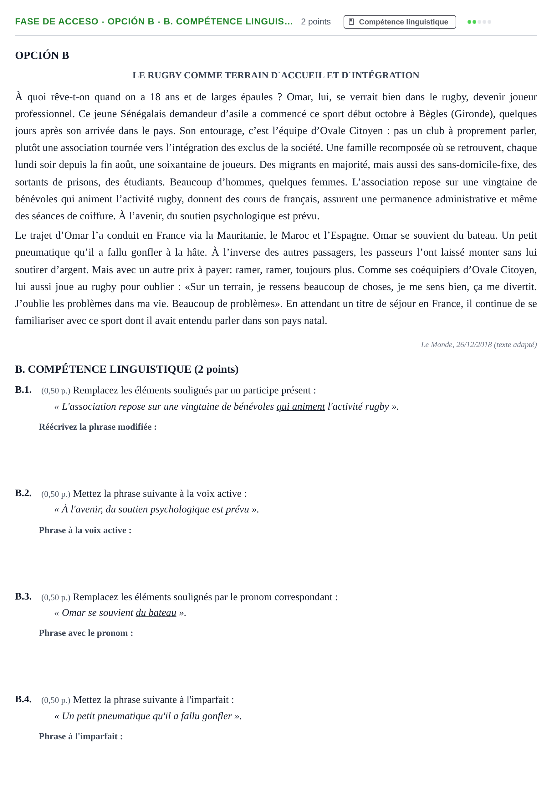 Enunciado: Ejercicio Fase de Acceso - Opción B - B. Compétence linguis… · Francés PAU Andalucía Extraordinaria Titular 2019