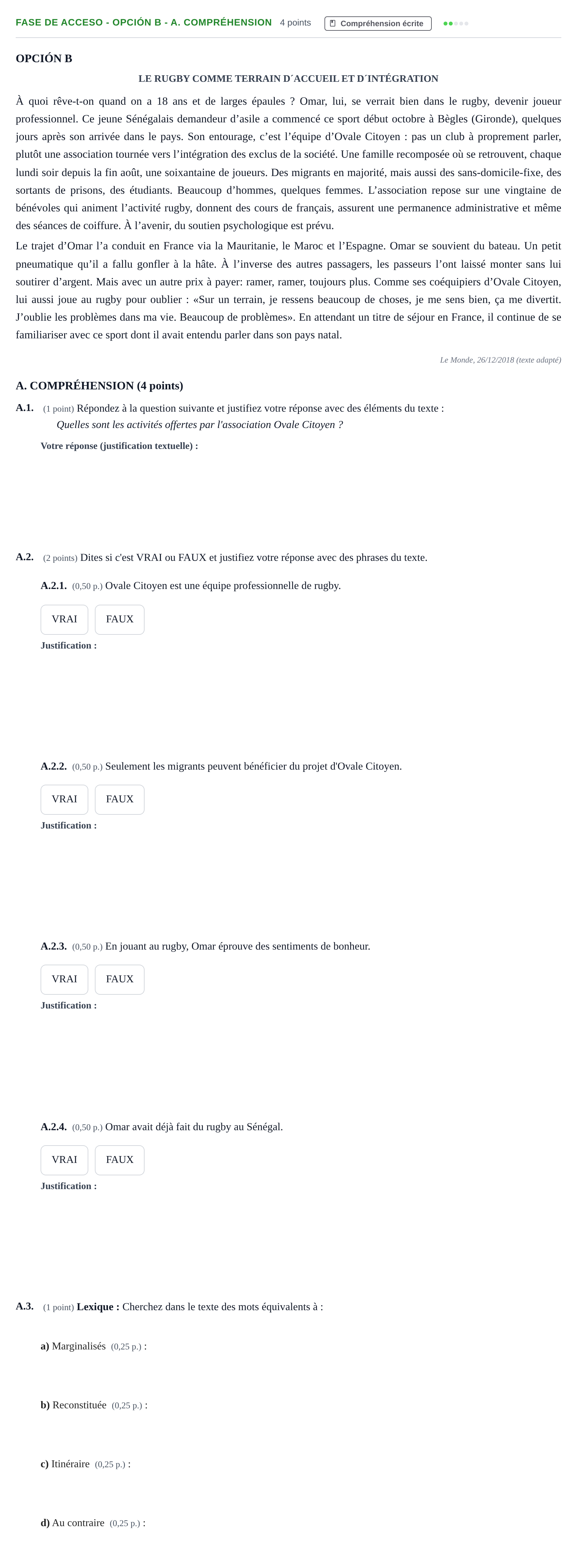 Enunciado: Ejercicio Fase de Acceso - Opción B - A. Compréhension · Francés PAU Andalucía Extraordinaria Titular 2019
