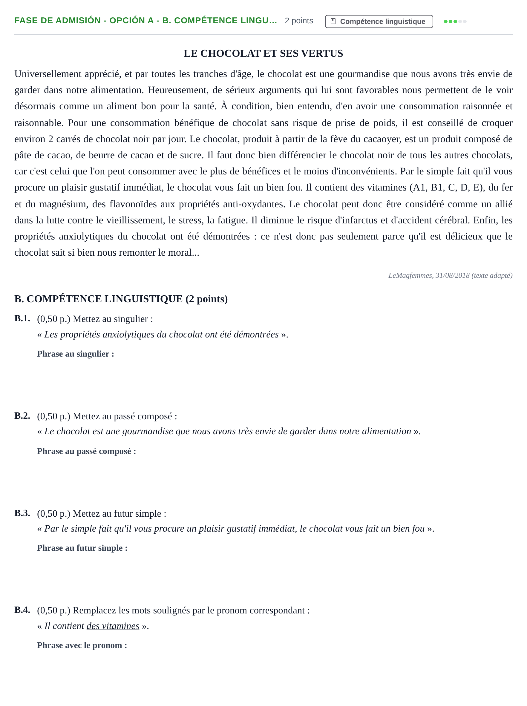 Enunciado: Ejercicio Fase de Admisión - Opción A - B. Compétence lingu… · Francés PAU Andalucía Extraordinaria Titular 2019
