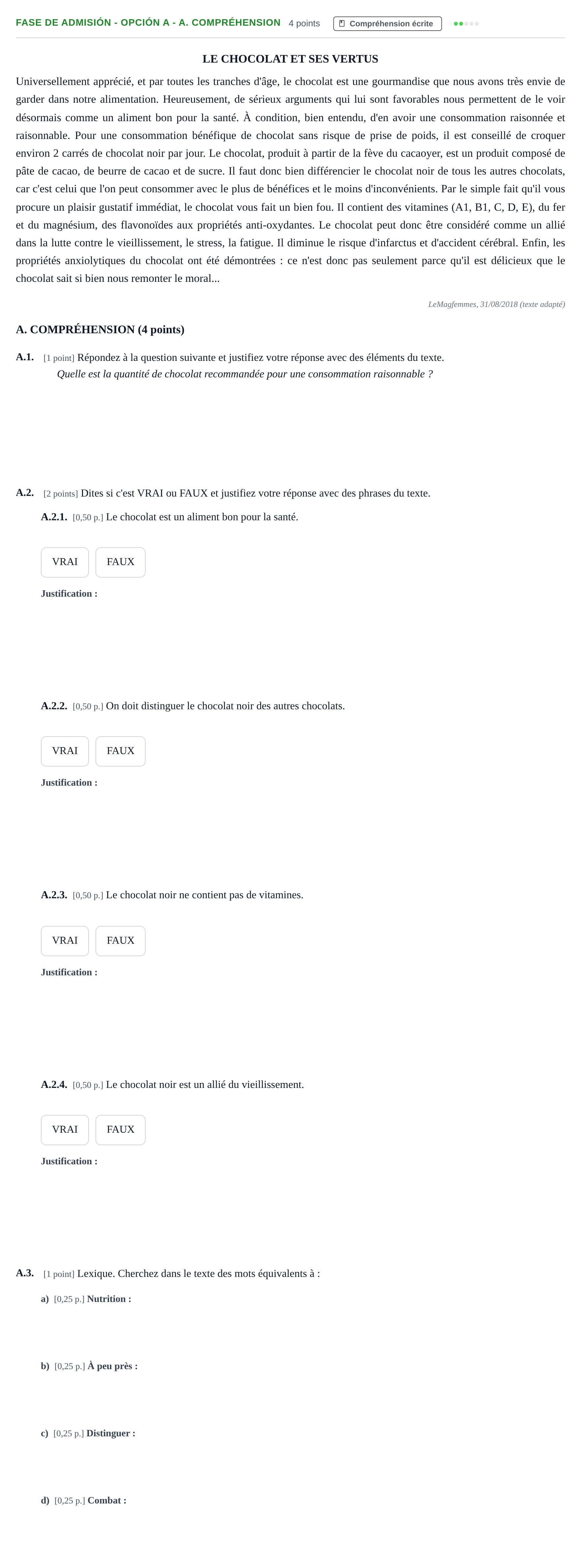 Enunciado: Ejercicio Fase de Admisión - Opción A - A. Compréhension · Francés PAU Andalucía Extraordinaria Titular 2019