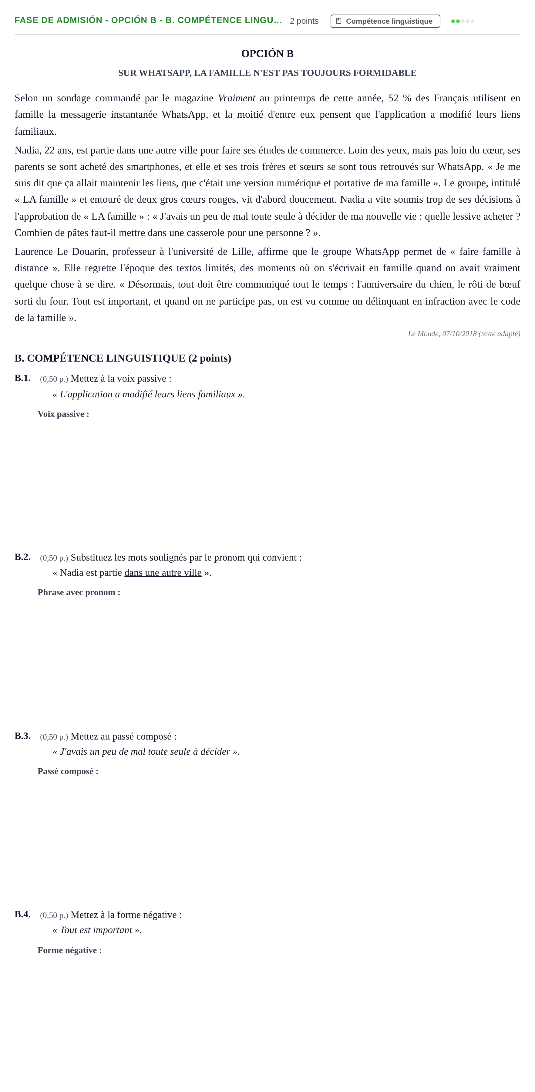 Enunciado: Ejercicio Fase de Admisión - Opción B - B. Compétence lingu… · Francés PAU Andalucía Extraordinaria Titular 2019