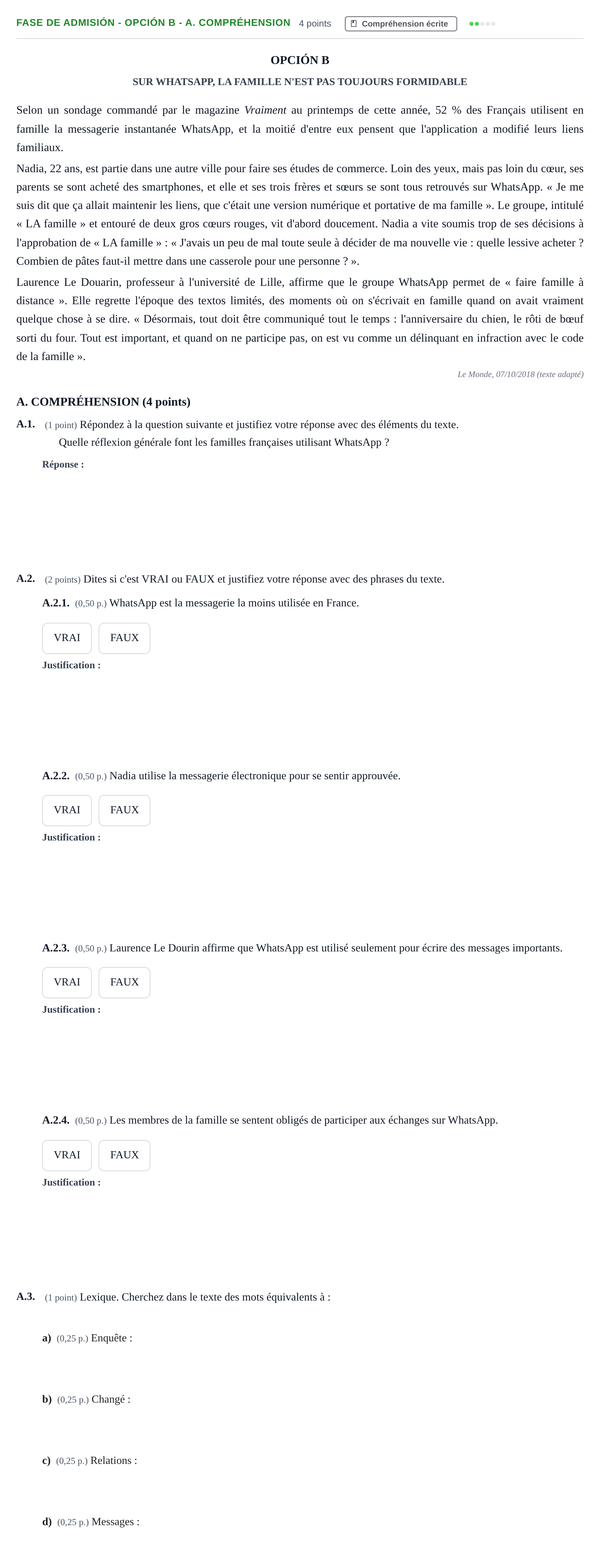 Enunciado: Ejercicio Fase de Admisión - Opción B - A. Compréhension · Francés PAU Andalucía Extraordinaria Titular 2019