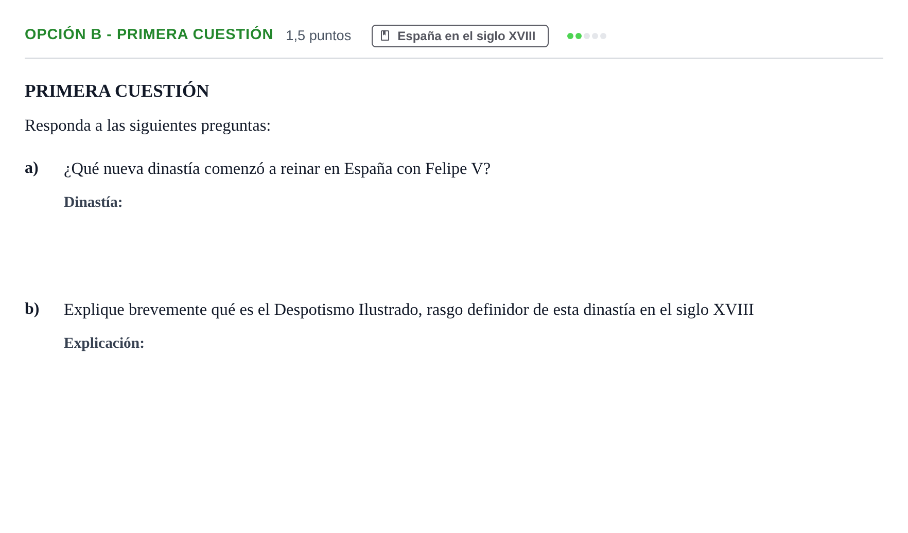 Enunciado: Opción B - Primera cuestión · Historia de España PAU Andalucía Reserva A 2019