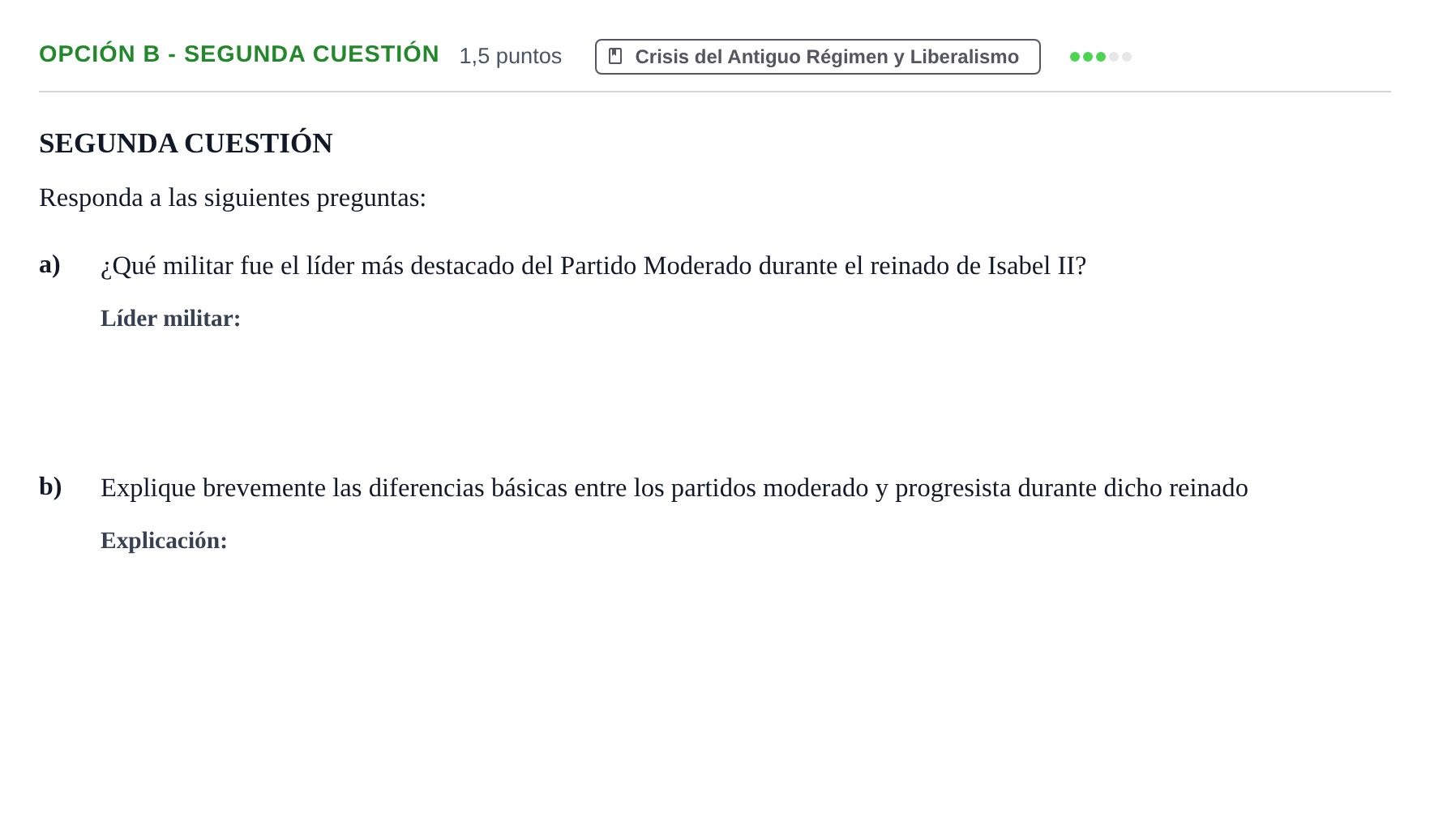 Enunciado: Opción B - Segunda cuestión · Historia de España PAU Andalucía Reserva A 2019
