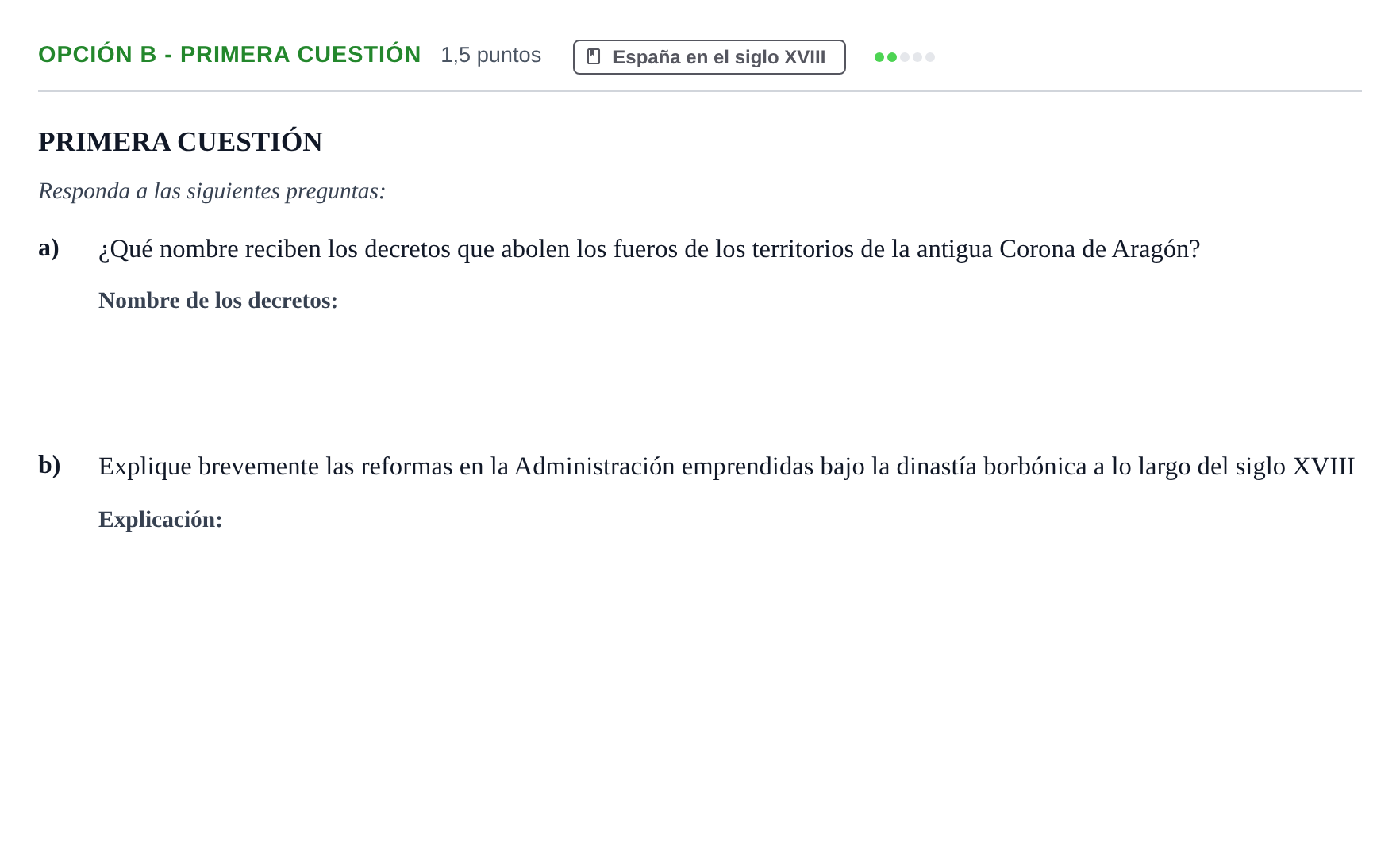 Enunciado: Opción B - Primera cuestión · Historia de España PAU Andalucía Reserva B 2019
