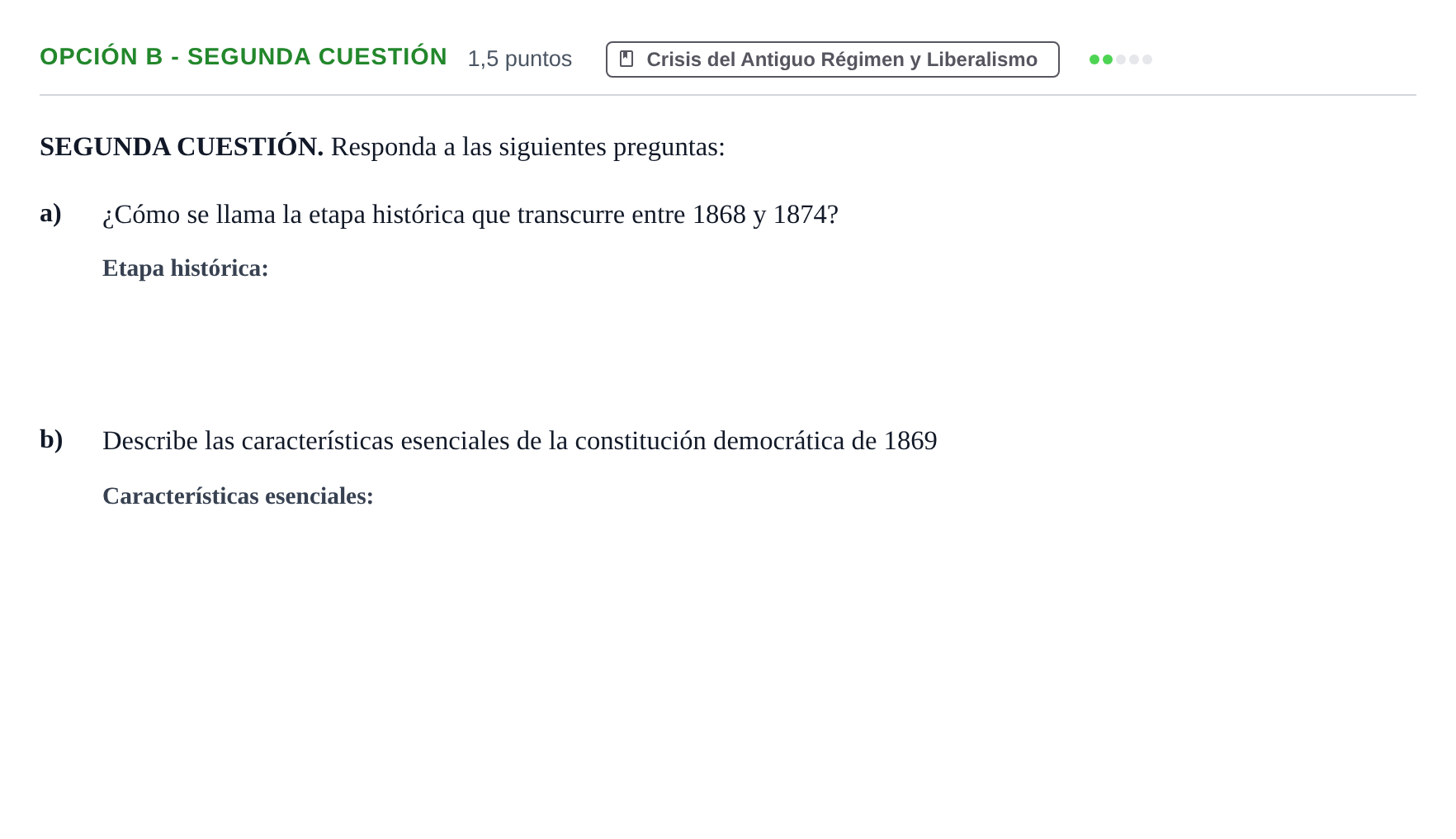 Enunciado: Opción B - Segunda cuestión · Historia de España PAU Andalucía Ordinaria Titular 2019