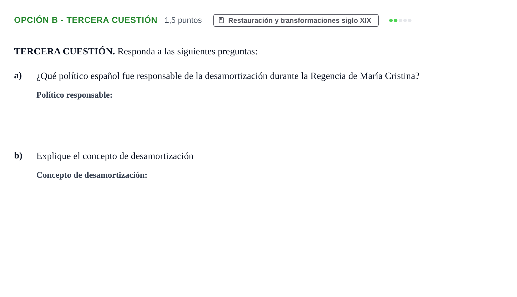 Enunciado: Opción B - Tercera cuestión · Historia de España PAU Andalucía Ordinaria Titular 2019