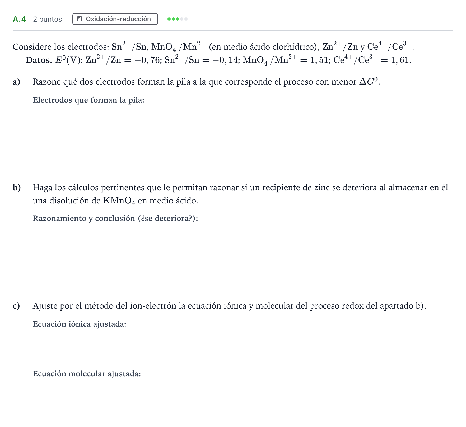 Enunciado: Ejercicio A.4 · Química PAU Madrid Extraordinaria 2020