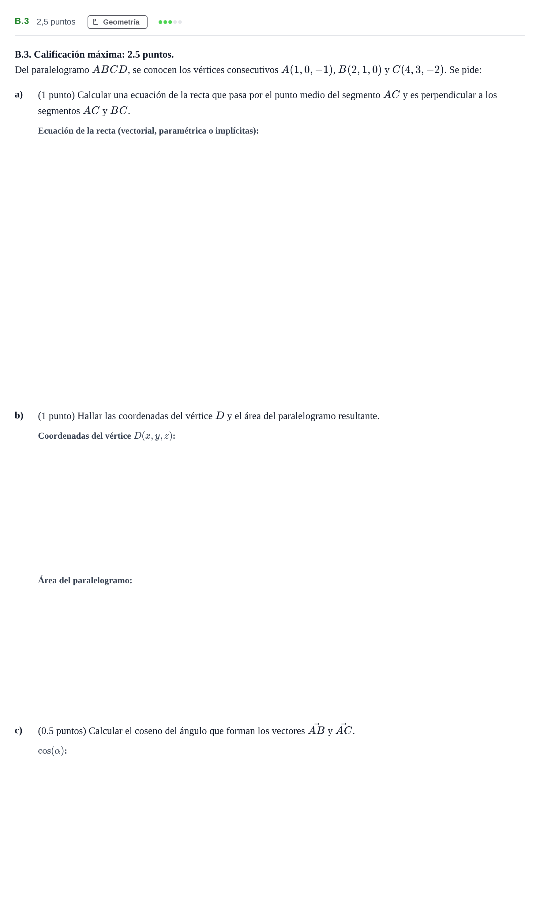 Enunciado: Ejercicio B.3 · Matemáticas II PAU Madrid Extraordinaria 2020