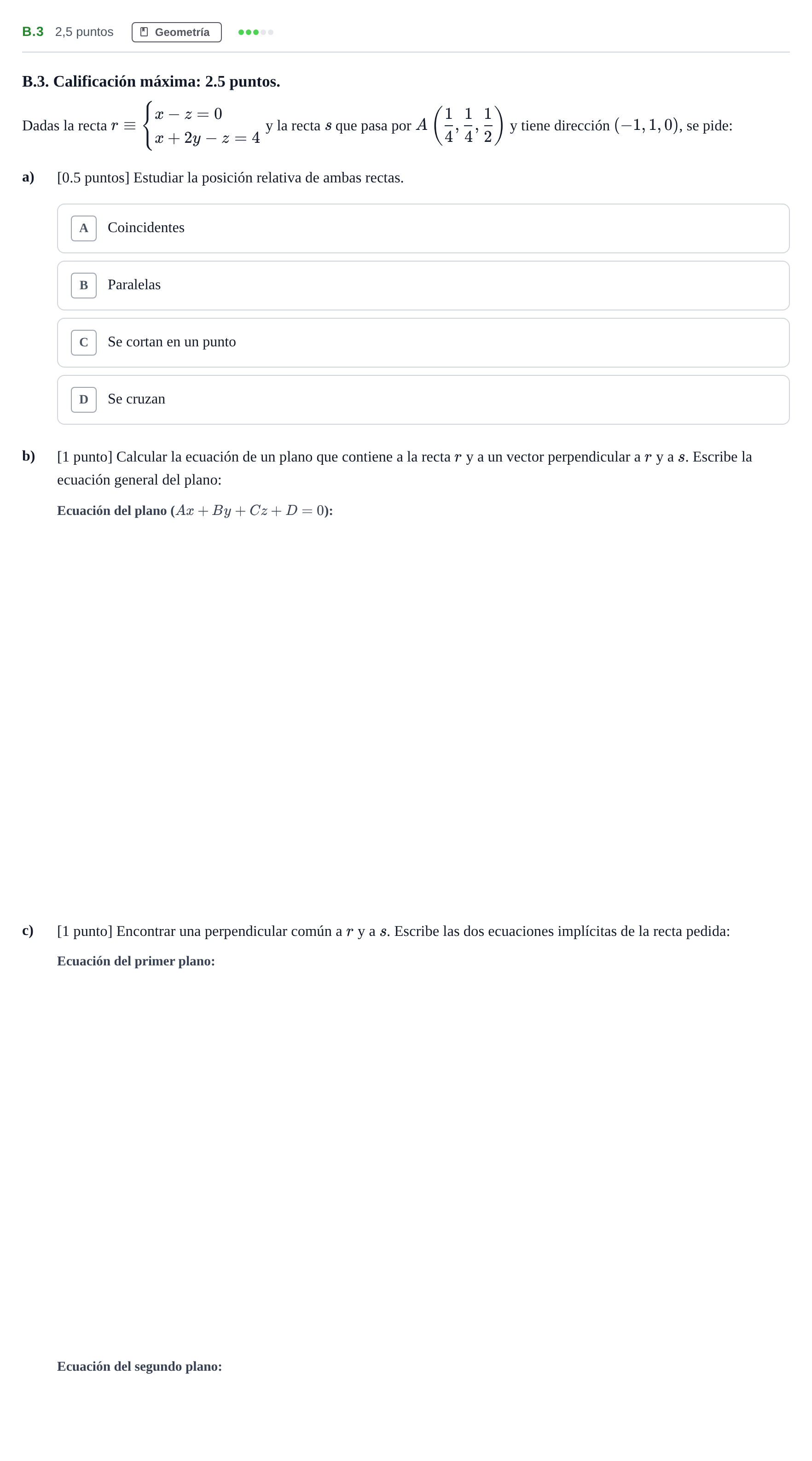 Enunciado: Ejercicio B.3 · Matemáticas II PAU Madrid Ordinaria Coincidencias 2020