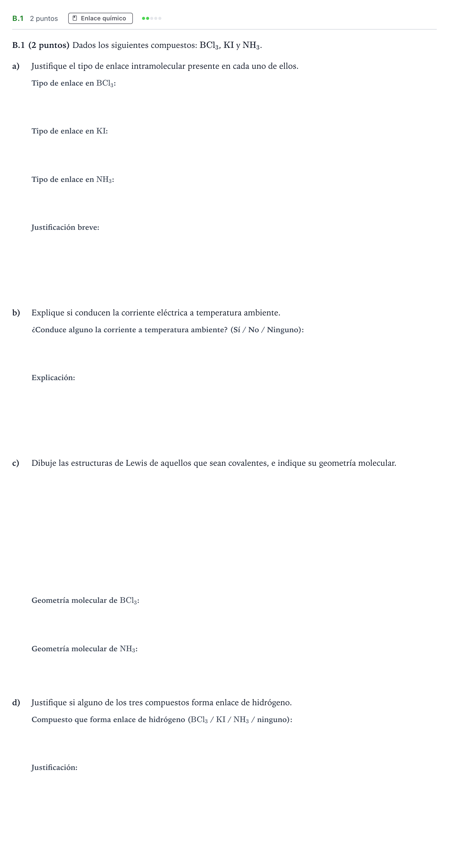 Enunciado: Ejercicio B.1 · Química PAU Madrid Modelo 2020