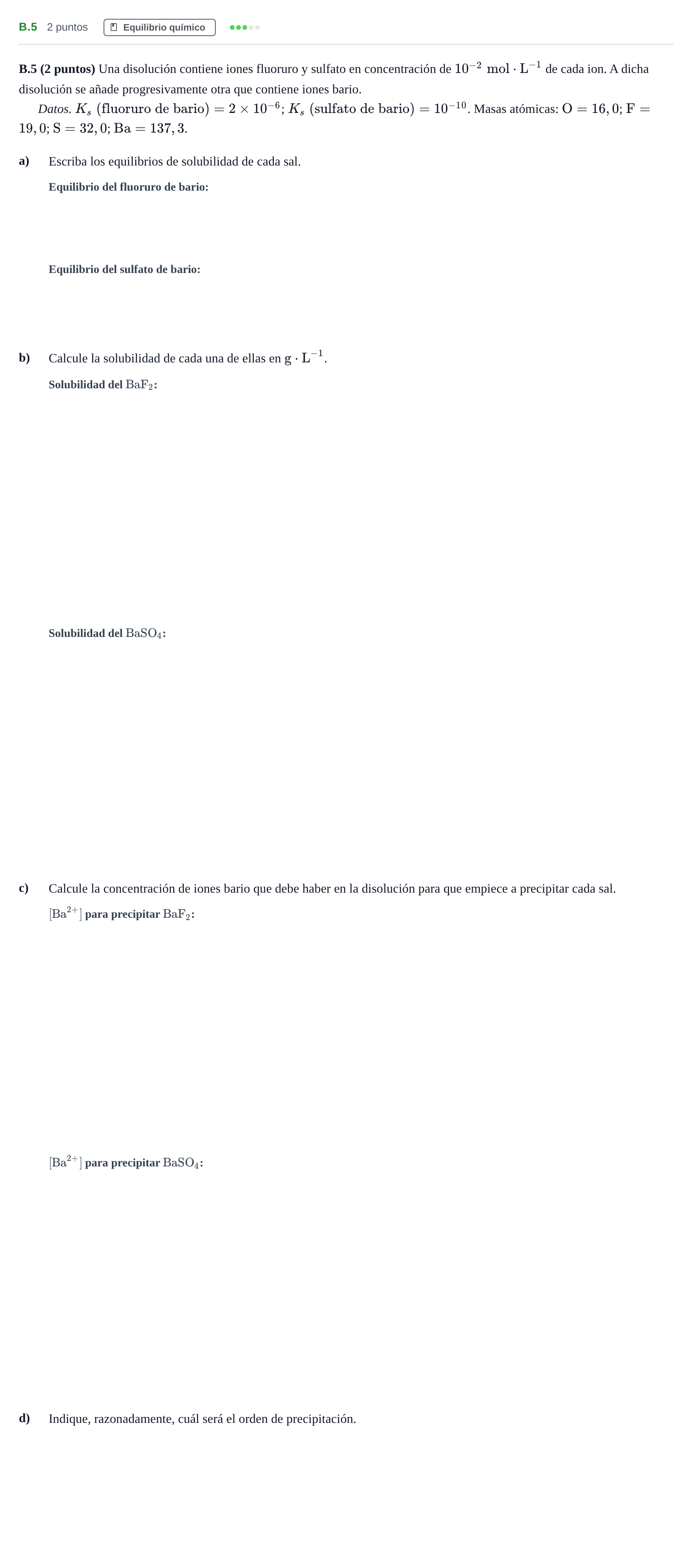 Enunciado: Ejercicio B.5 · Química PAU Madrid Modelo 2020