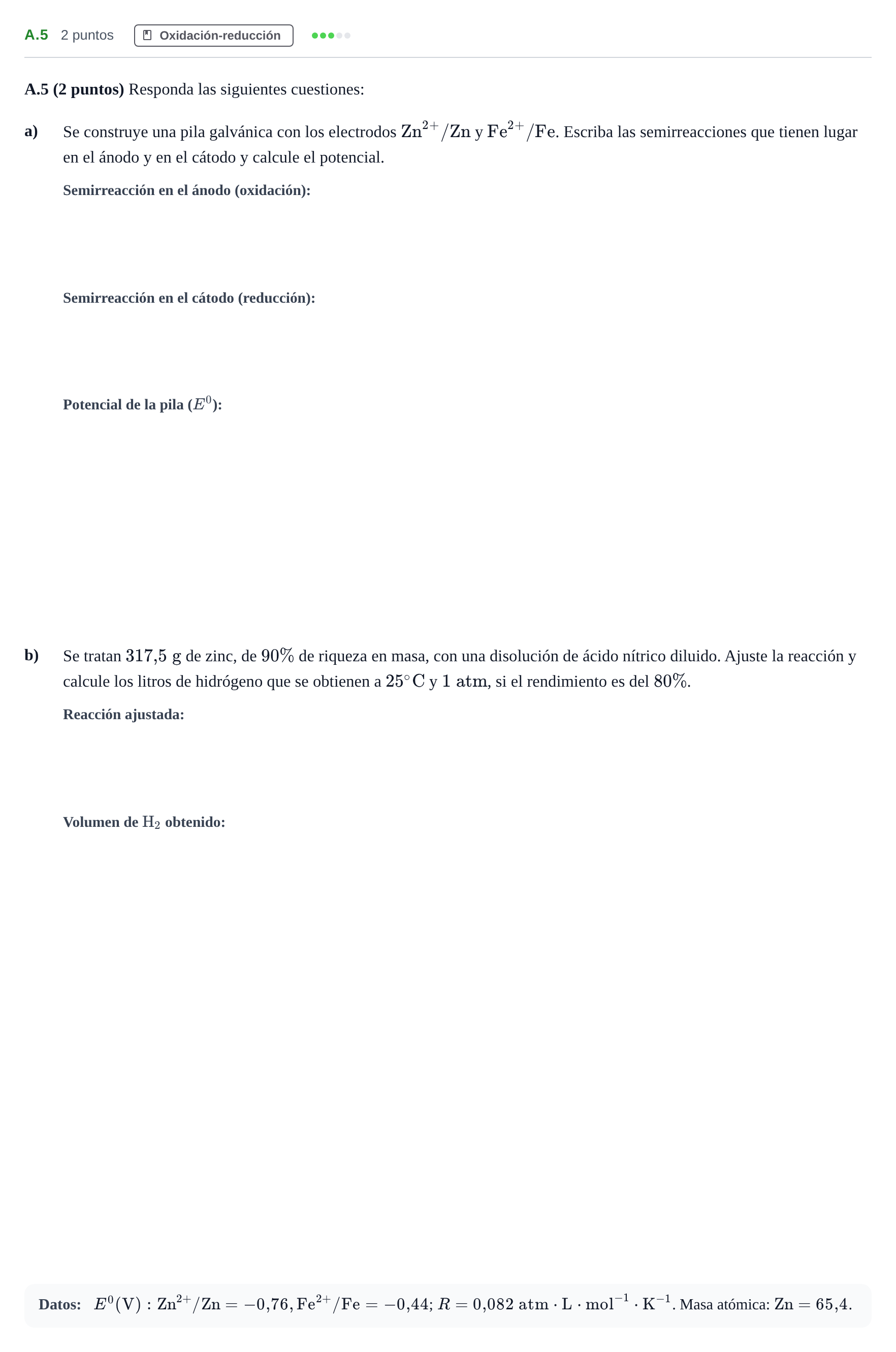 Enunciado: Ejercicio A.5 · Química PAU Madrid Ordinaria 2020