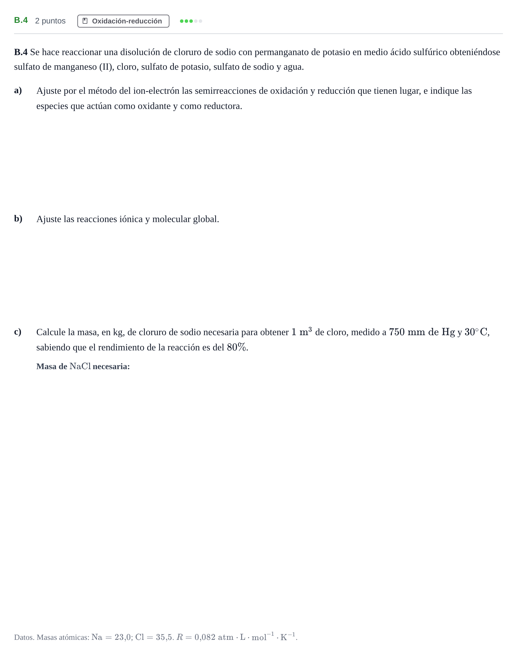 Enunciado: Ejercicio B.4 · Química PAU Madrid Ordinaria 2020