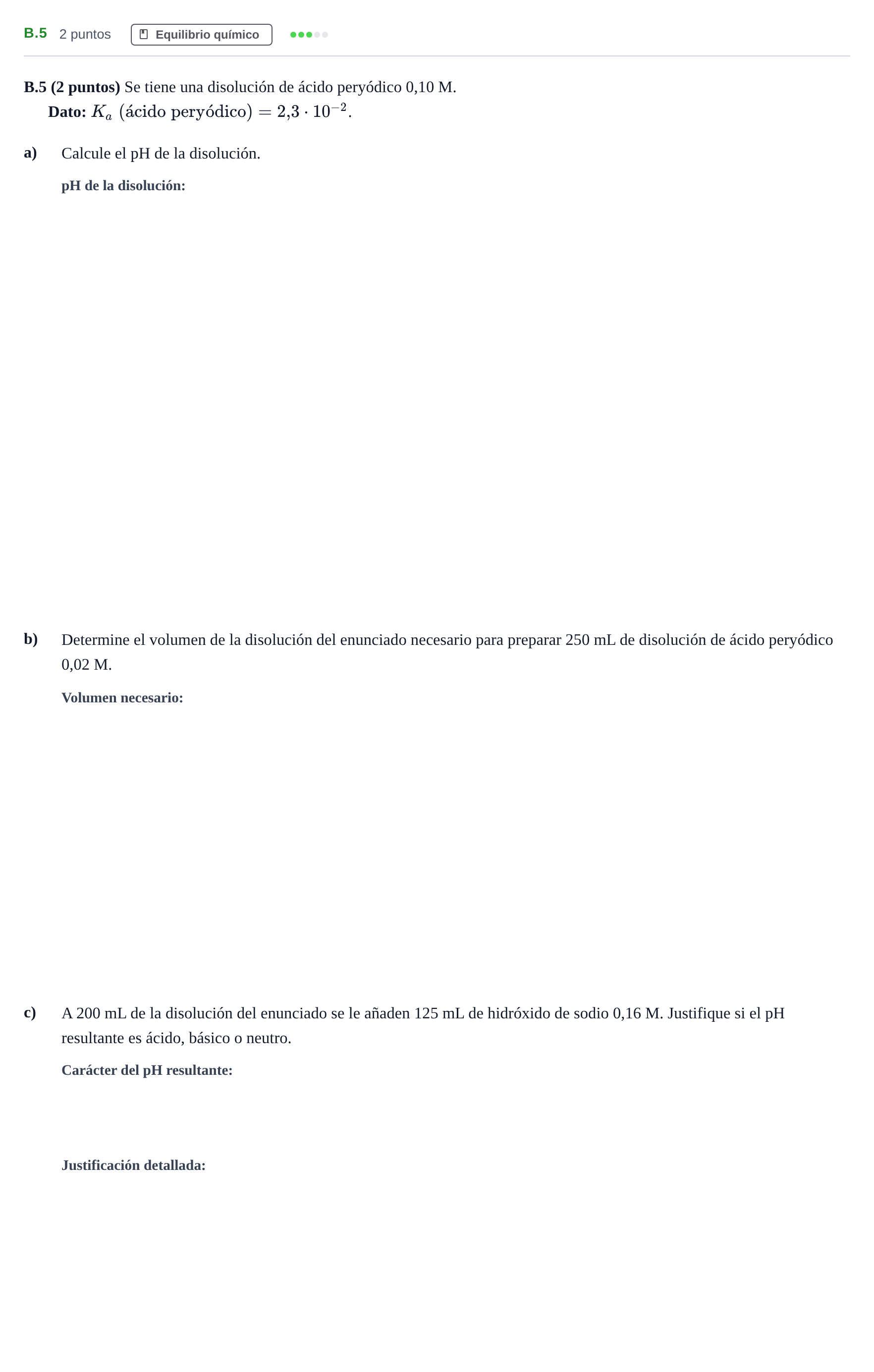 Enunciado: Ejercicio B.5 · Química PAU Madrid Ordinaria 2020