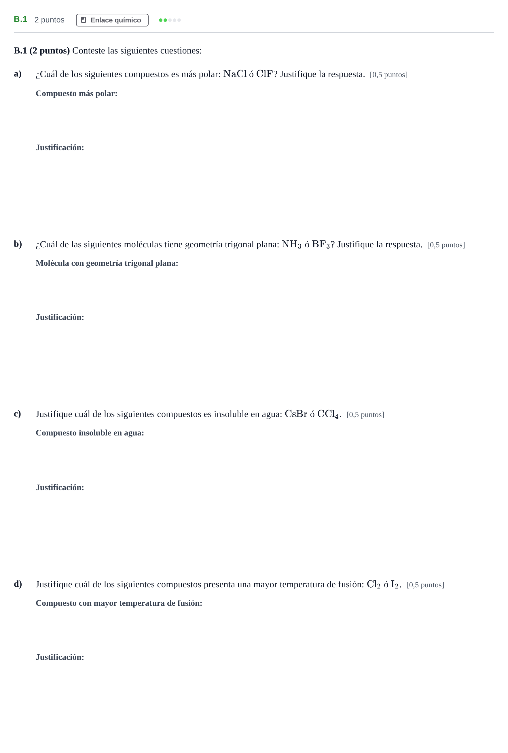 Enunciado: Ejercicio B.1 · Química PAU Madrid Ordinaria Coincidencias 2020