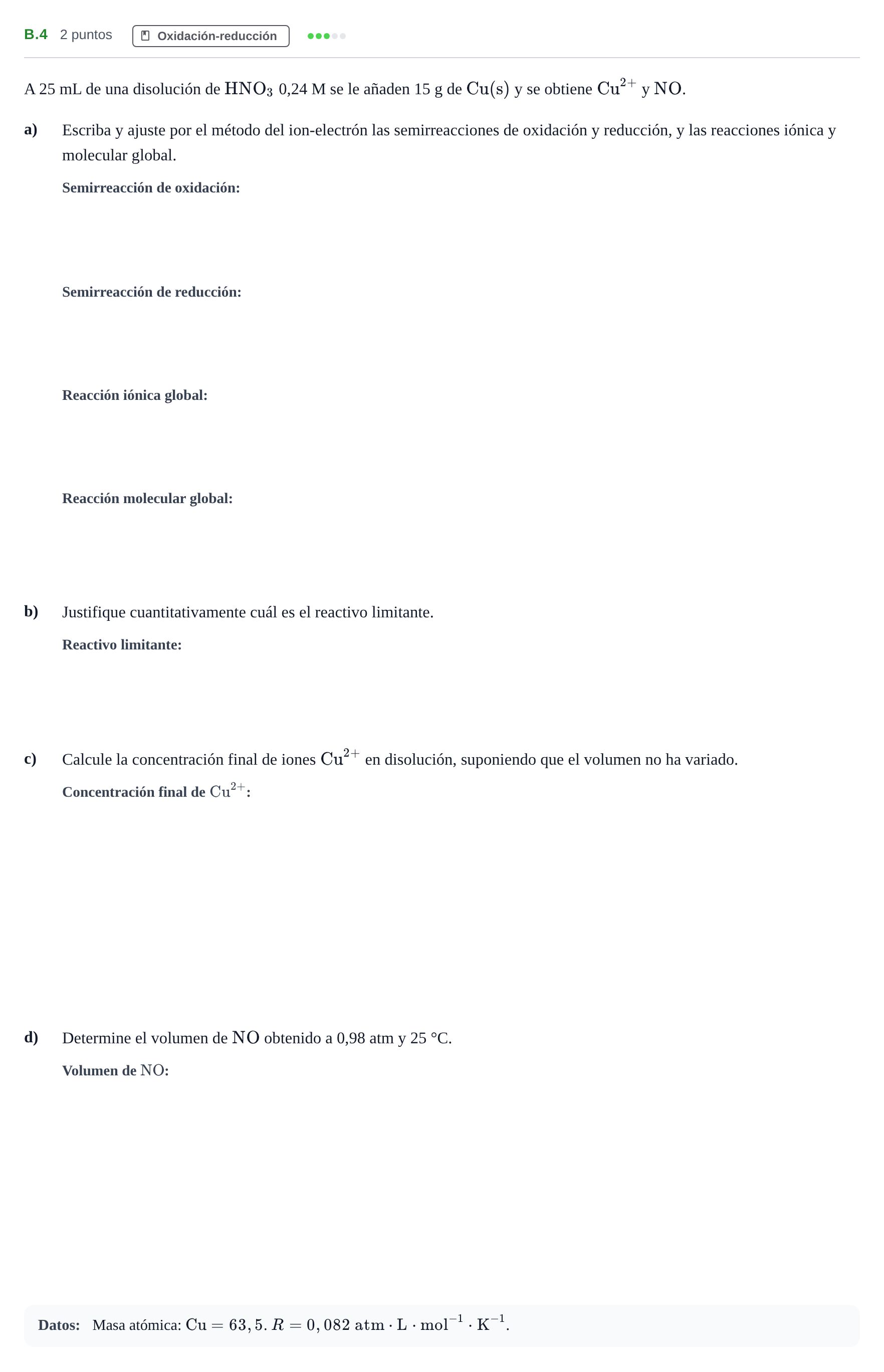 Enunciado: Ejercicio B.4 · Química PAU Madrid Ordinaria Coincidencias 2020