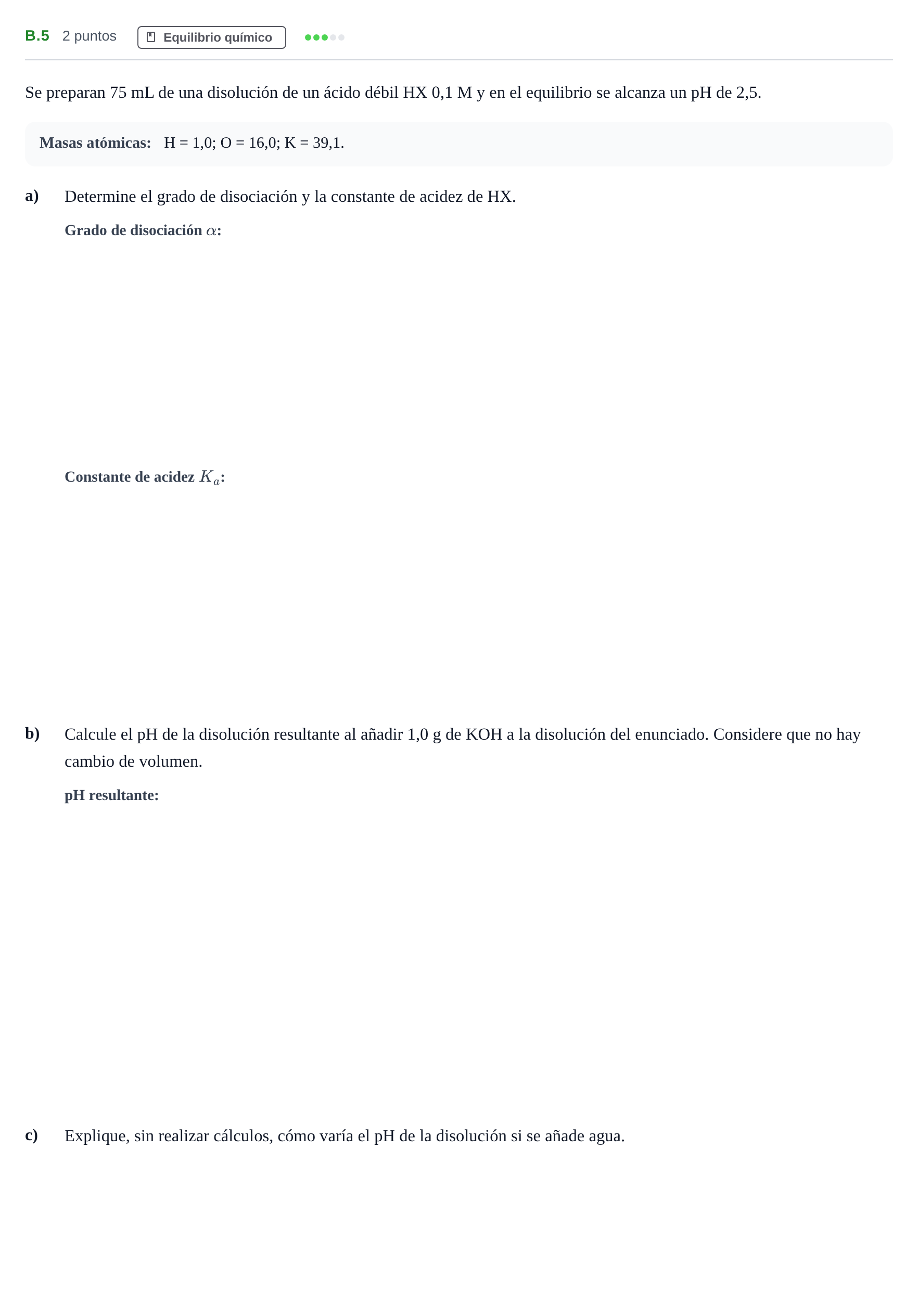 Enunciado: Ejercicio B.5 · Química PAU Madrid Ordinaria Coincidencias 2020