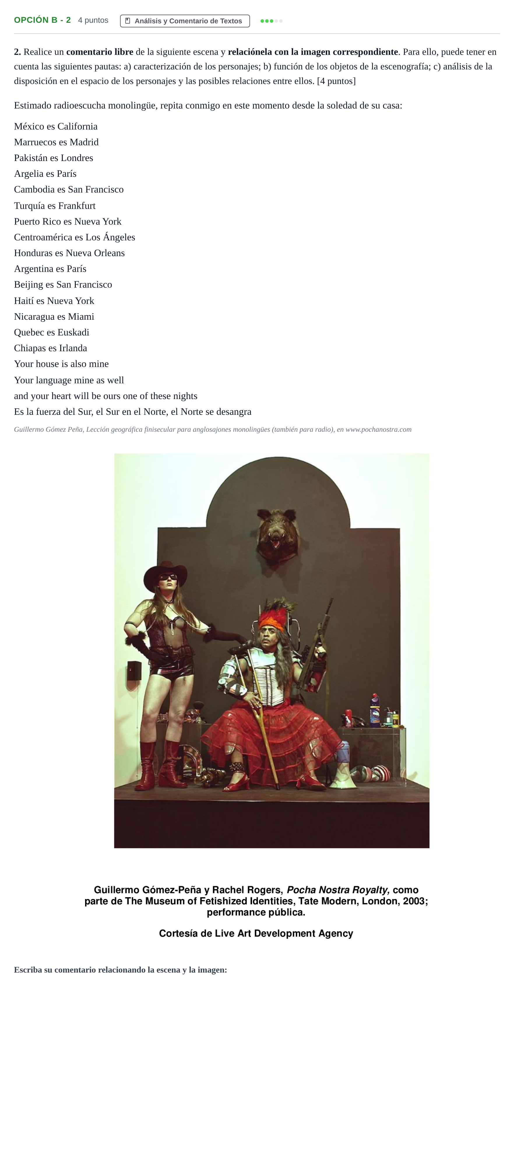Enunciado: Opción B - 2 · Artes Escénicas PAU Madrid Ordinaria 2019