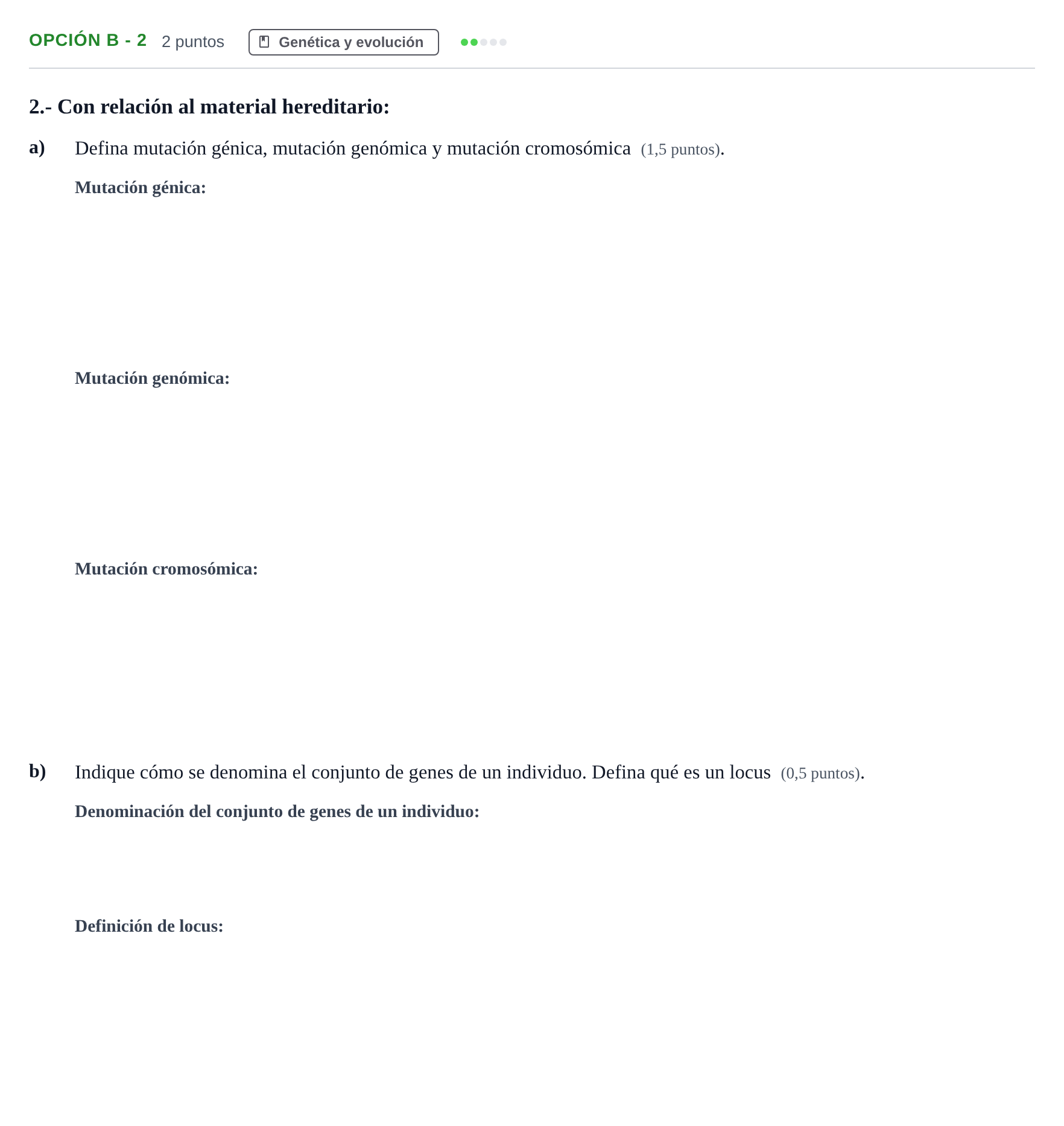 Enunciado: Opción B - 2 · Biología PAU Madrid Modelo 2019