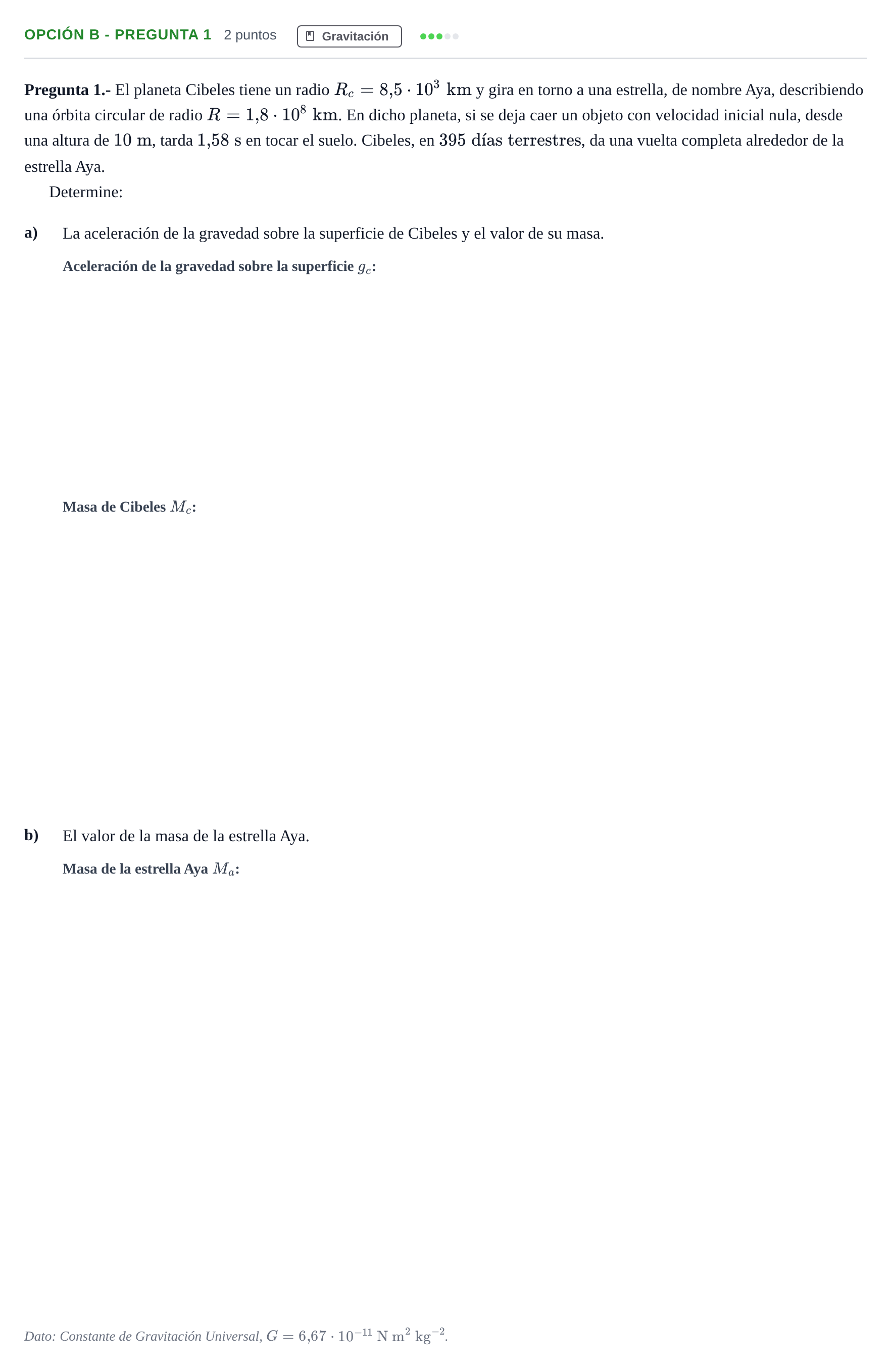 Enunciado: Opción B - Pregunta 1 · Física PAU Madrid Modelo 2019