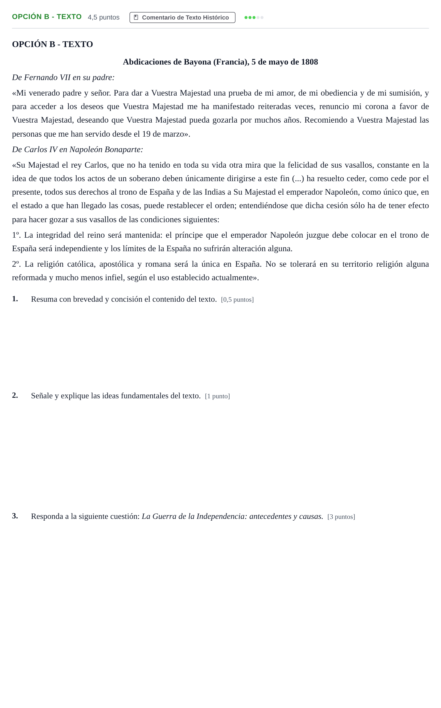Enunciado: Opción B - Texto · Historia de España PAU Madrid Extraordinaria 2019