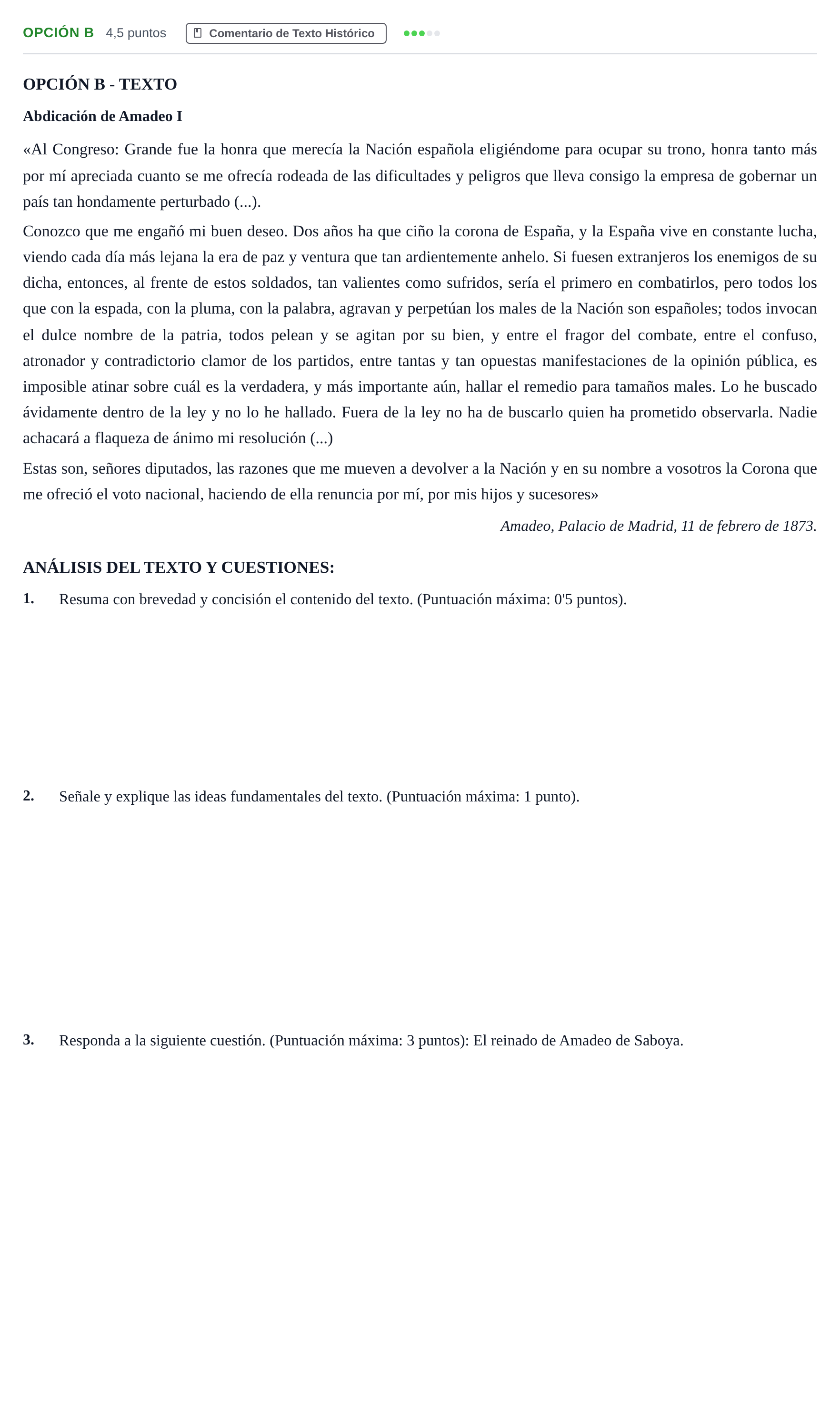Enunciado: Opción B - Comentario de Texto · Historia de España PAU Madrid Modelo 2019