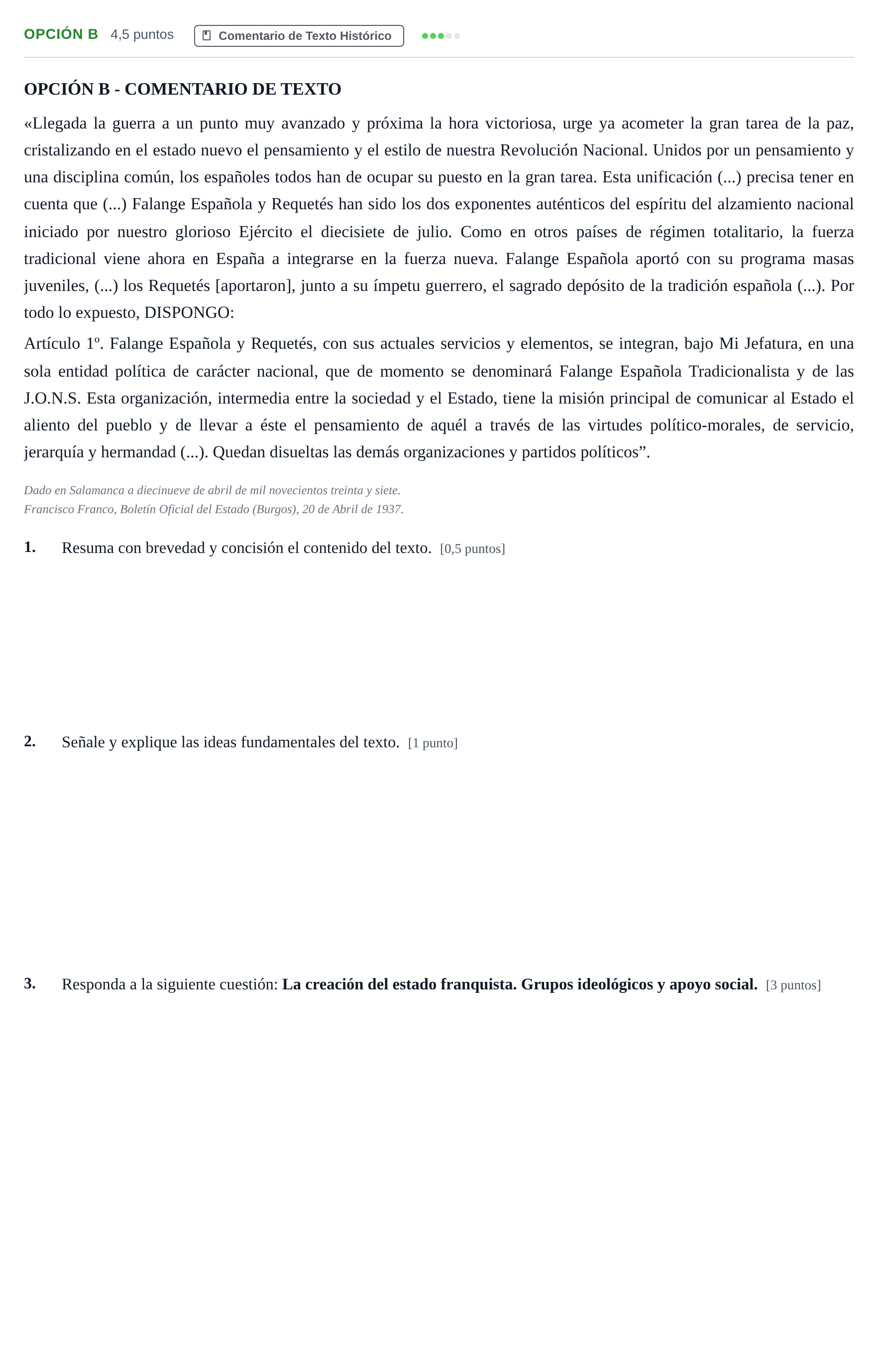 Enunciado: Opción B - Comentario de texto · Historia de España PAU Madrid Ordinaria 2019