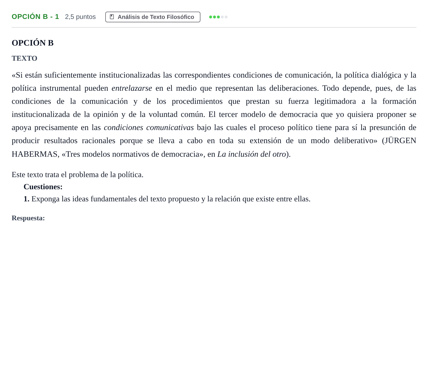Enunciado: Opción B - 1 · Historia de la Filosofía PAU Madrid Ordinaria 2019