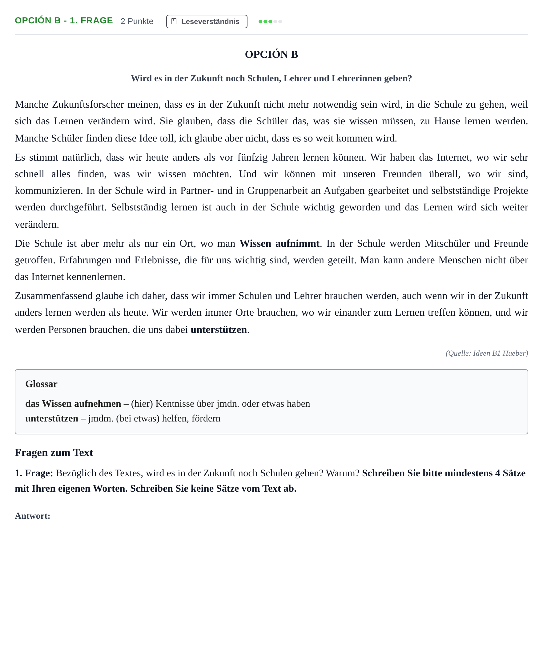 Enunciado: Opción B - 1. Frage · Alemán PAU Madrid Extraordinaria (2ª lengua) 2019