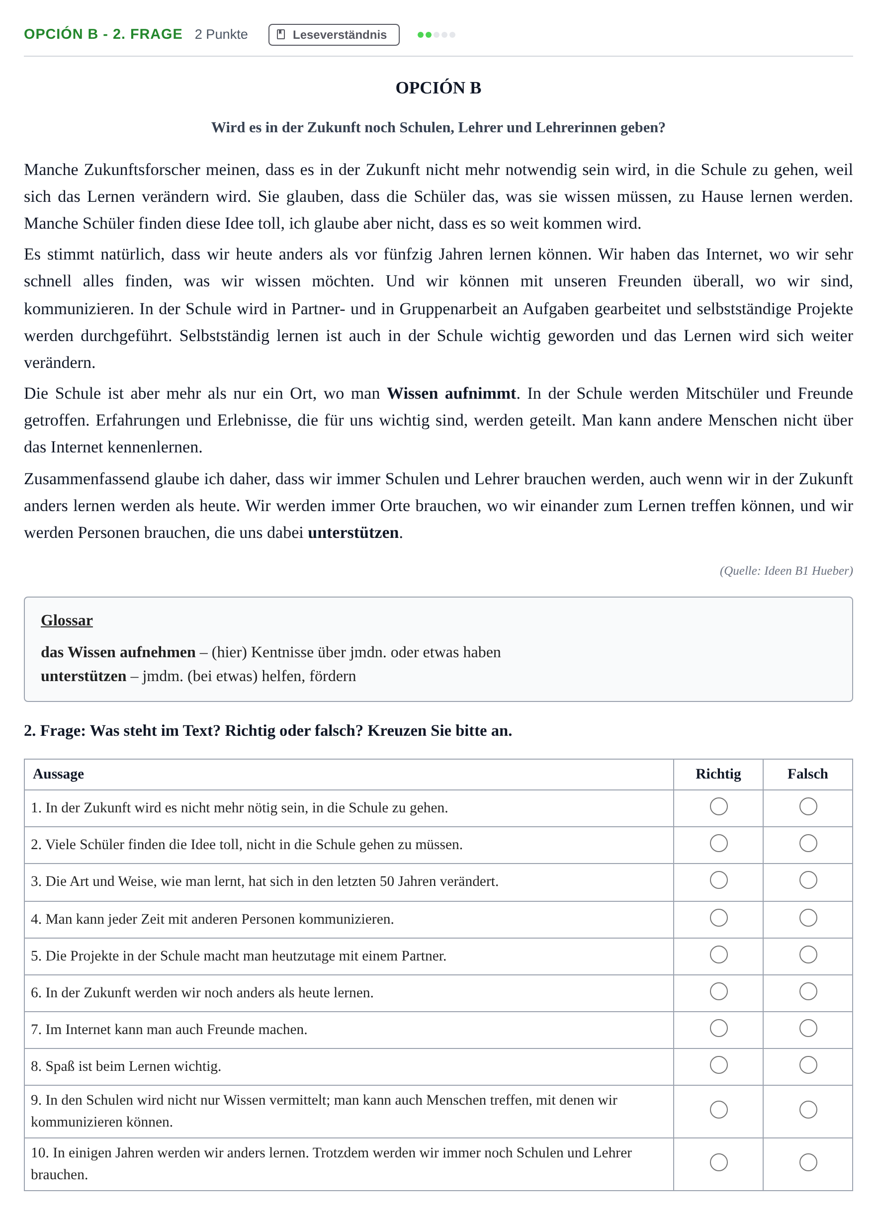Enunciado: Opción B - 2. Frage · Alemán PAU Madrid Extraordinaria (2ª lengua) 2019