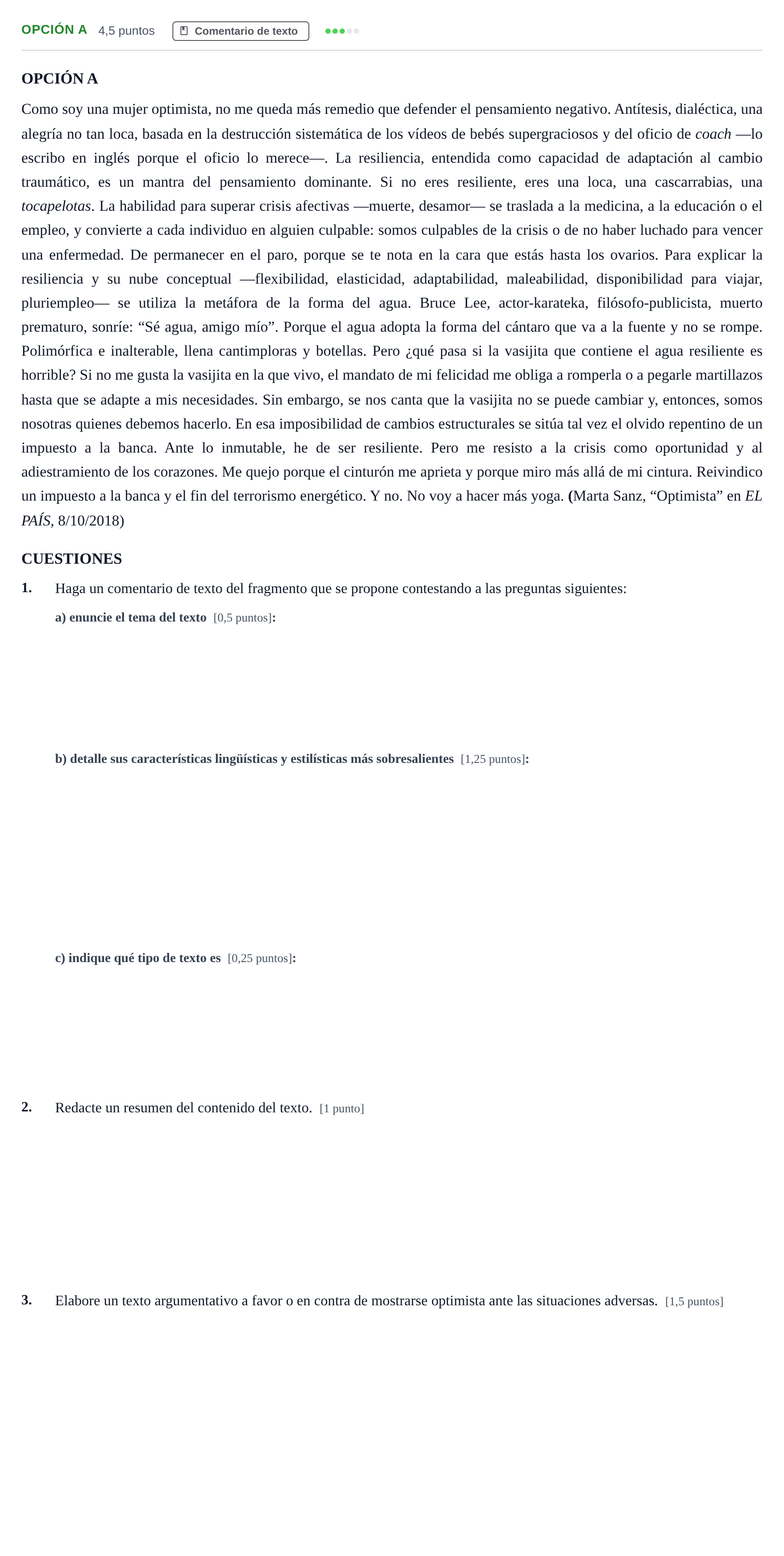 Enunciado: Opción A · Lengua Castellana y Literatura II PAU Madrid Extraordinaria 2019