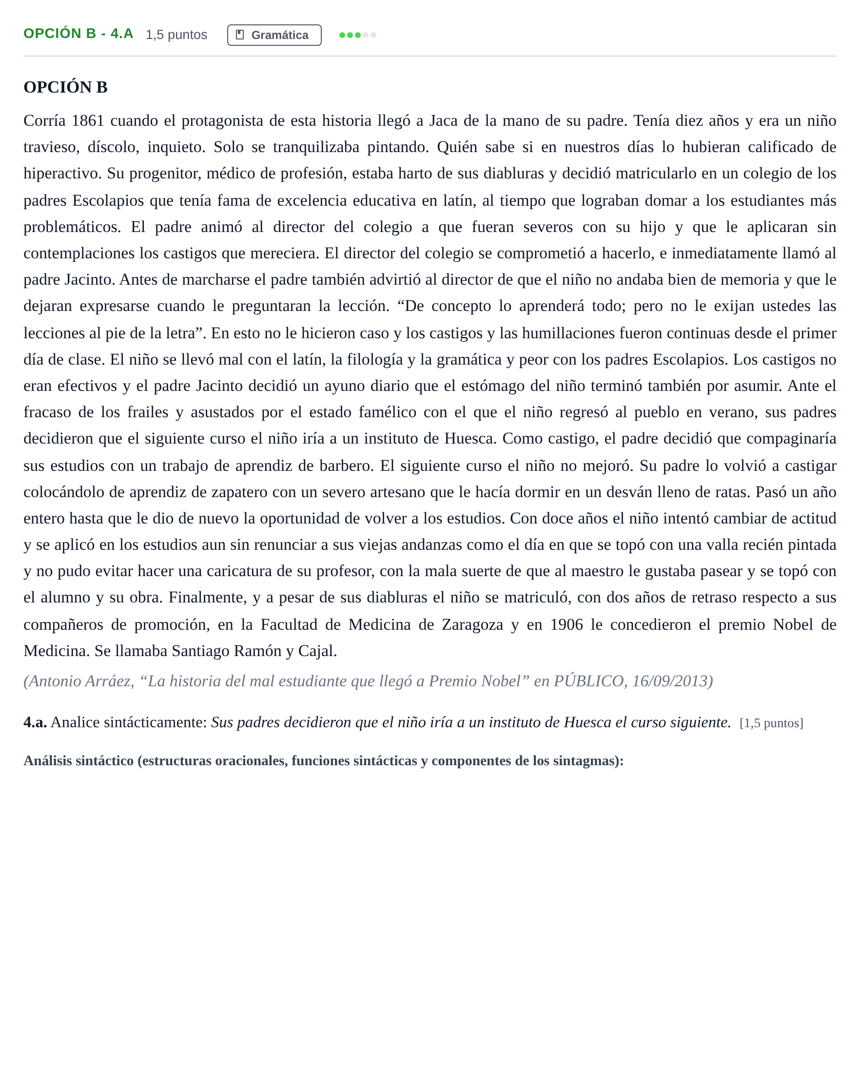 Enunciado: Opción B - 4.a · Lengua Castellana y Literatura II PAU Madrid Extraordinaria 2019