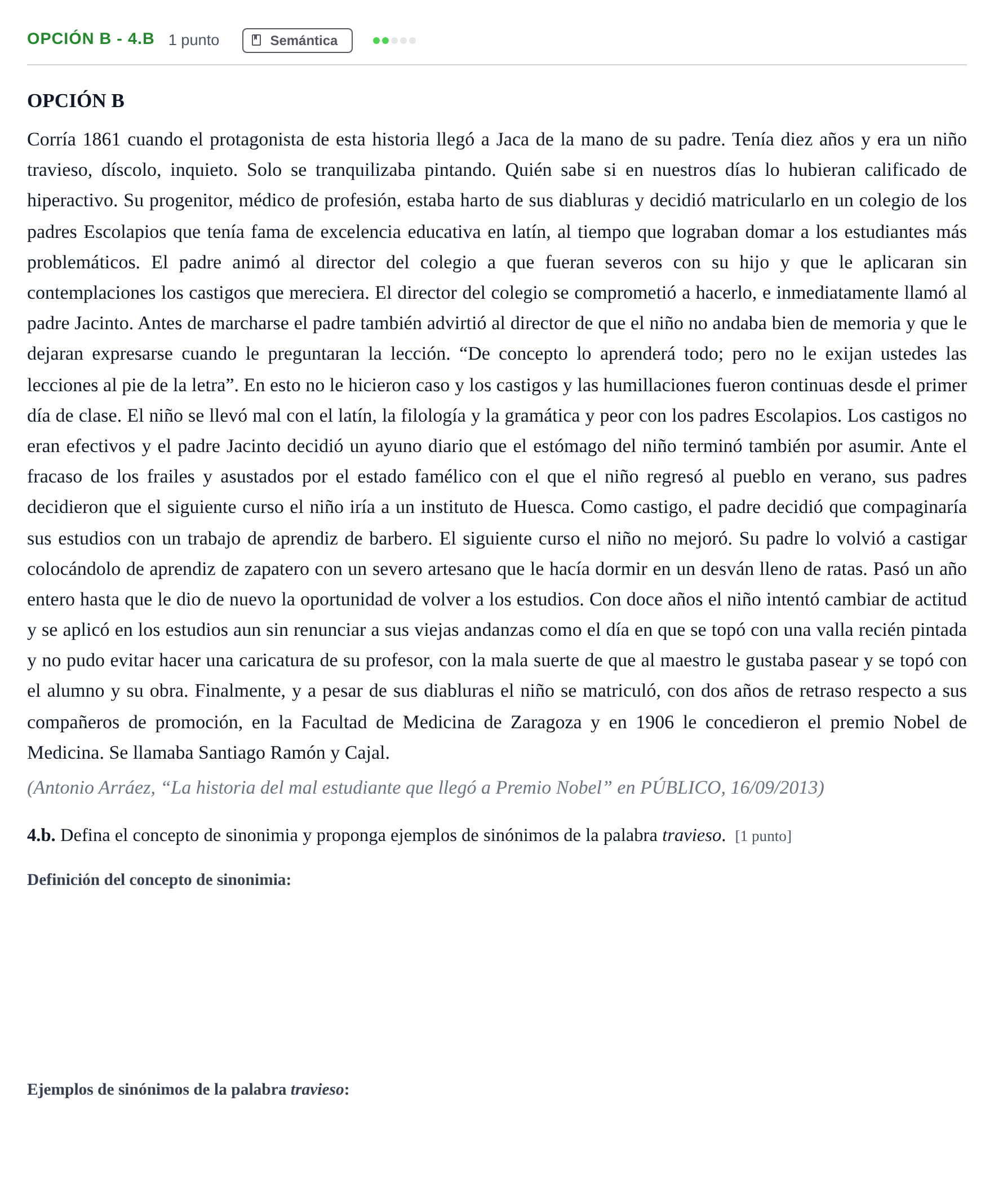 Enunciado: Opción B - 4.b · Lengua Castellana y Literatura II PAU Madrid Extraordinaria 2019