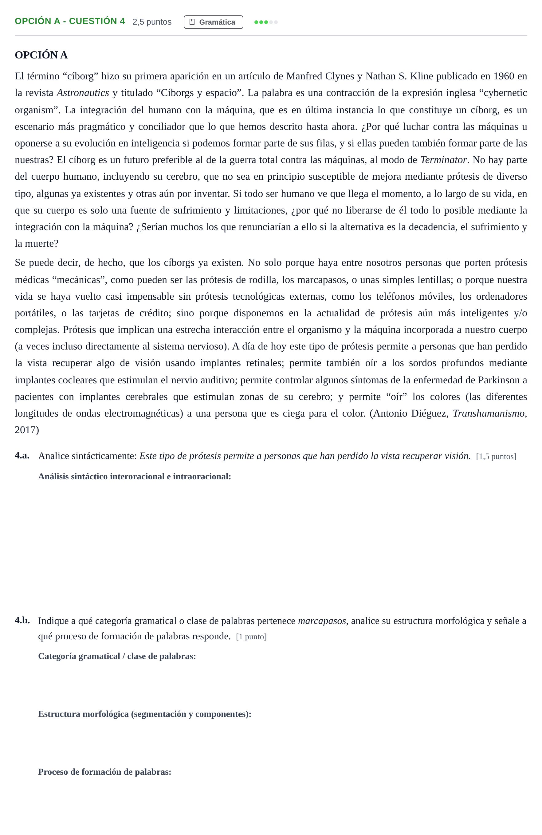 Enunciado: Opción A - Cuestión 4 · Lengua Castellana y Literatura II PAU Madrid Ordinaria 2019