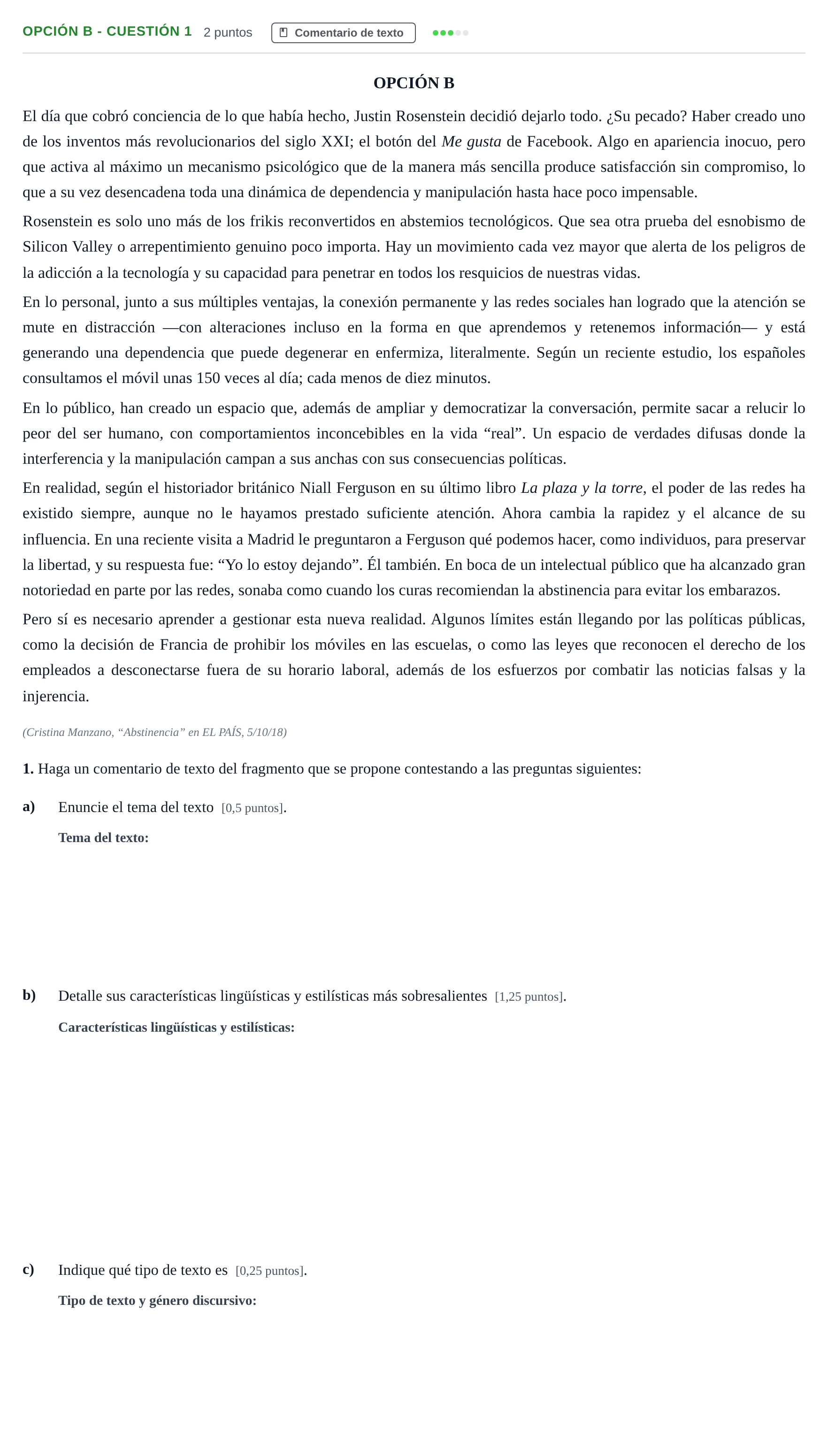 Enunciado: Opción B - Cuestión 1 · Lengua Castellana y Literatura II PAU Madrid Ordinaria 2019