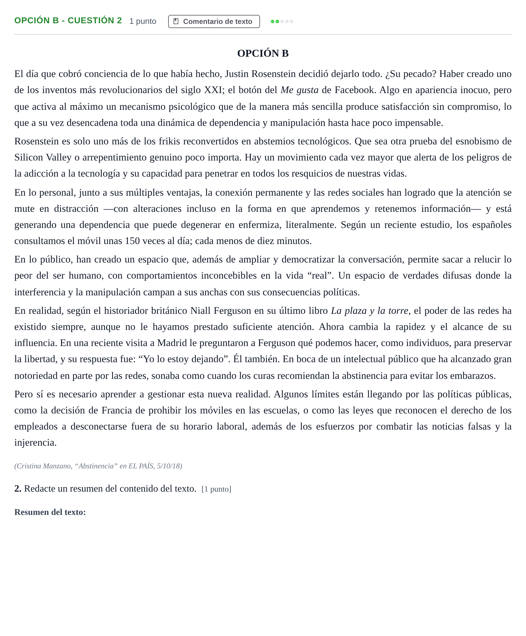Enunciado: Opción B - Cuestión 2 · Lengua Castellana y Literatura II PAU Madrid Ordinaria 2019