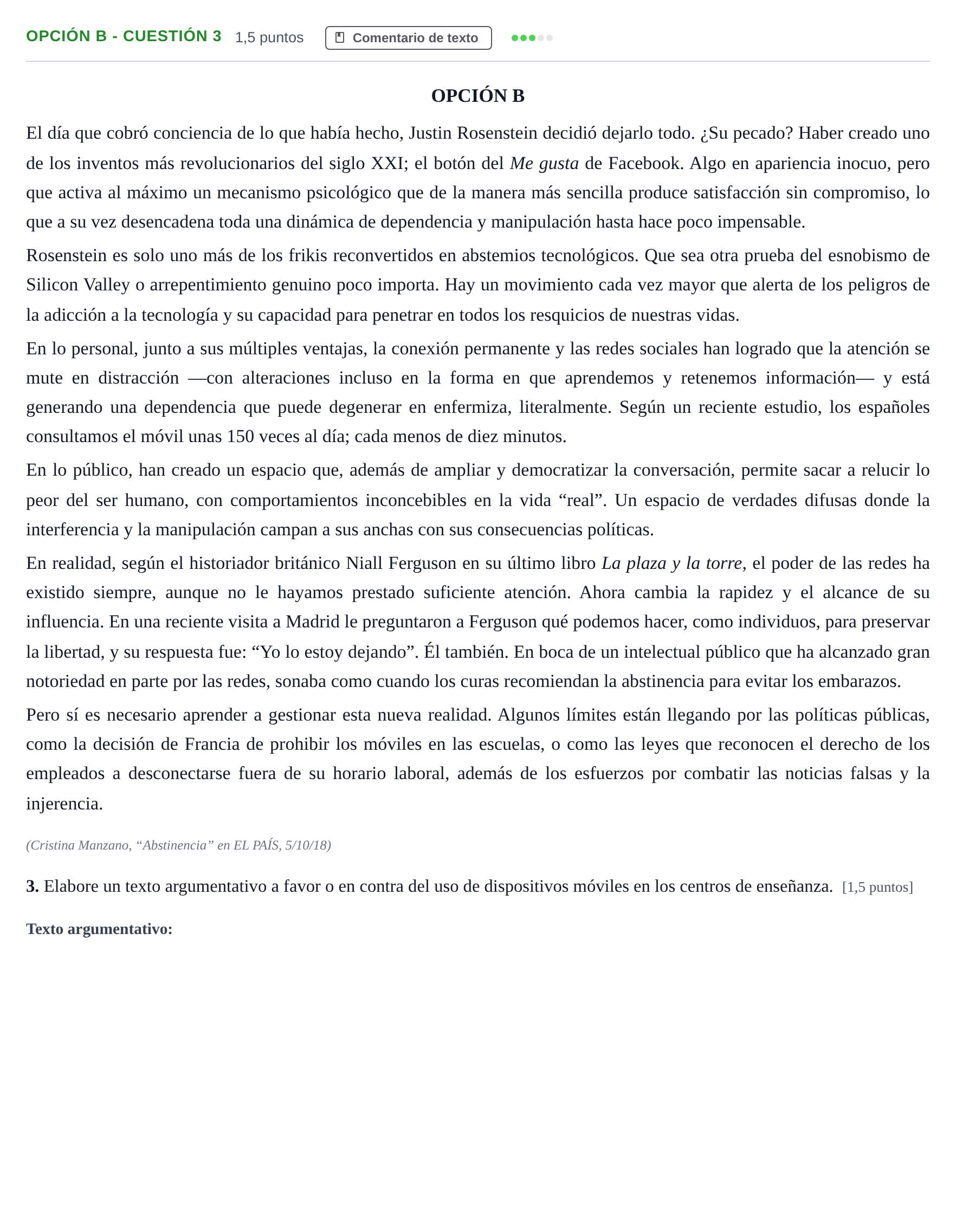 Enunciado: Opción B - Cuestión 3 · Lengua Castellana y Literatura II PAU Madrid Ordinaria 2019