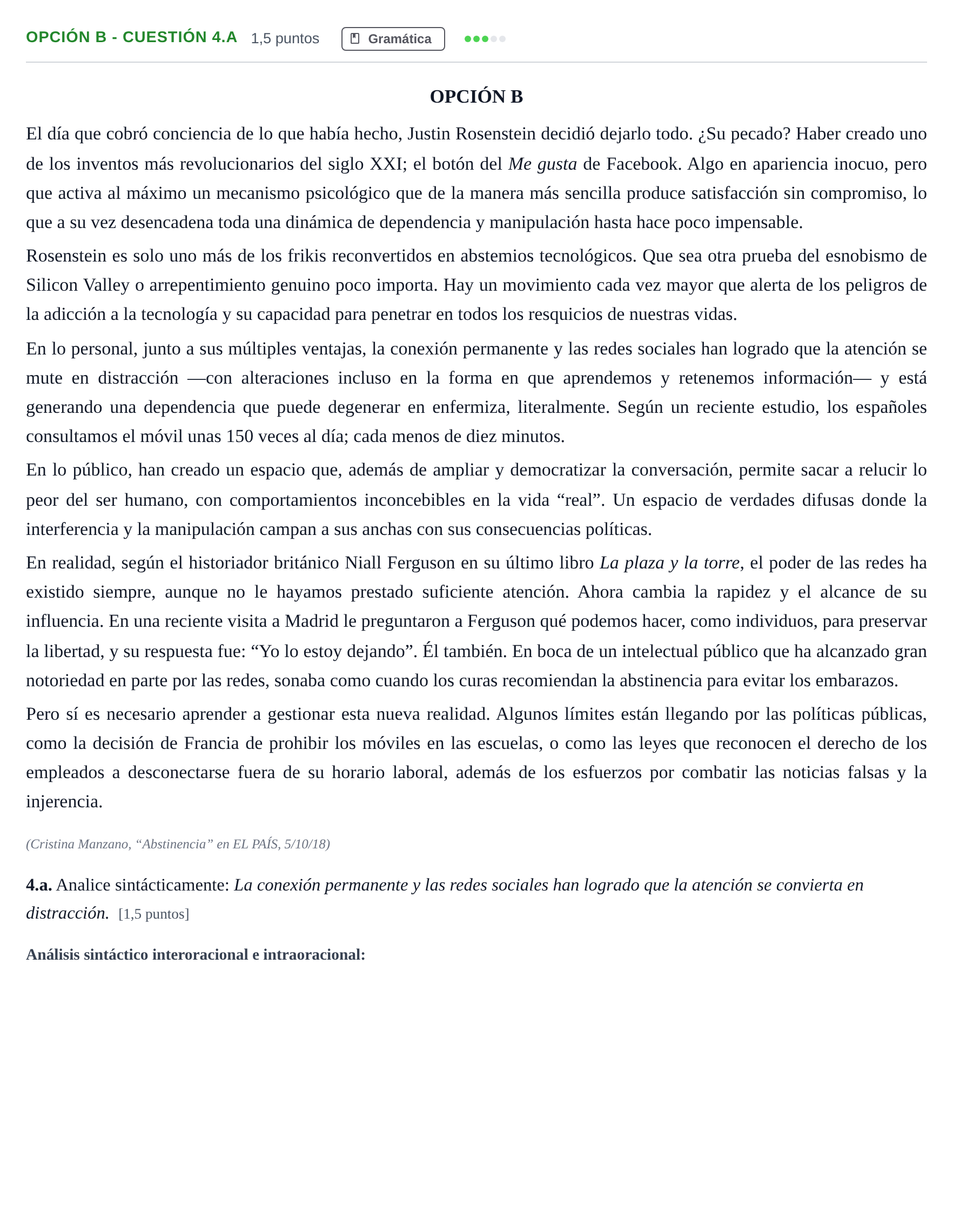 Enunciado: Opción B - Cuestión 4.a · Lengua Castellana y Literatura II PAU Madrid Ordinaria 2019