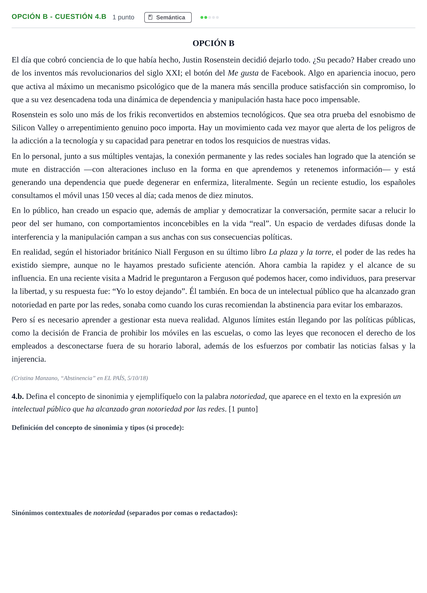 Enunciado: Opción B - Cuestión 4.b · Lengua Castellana y Literatura II PAU Madrid Ordinaria 2019